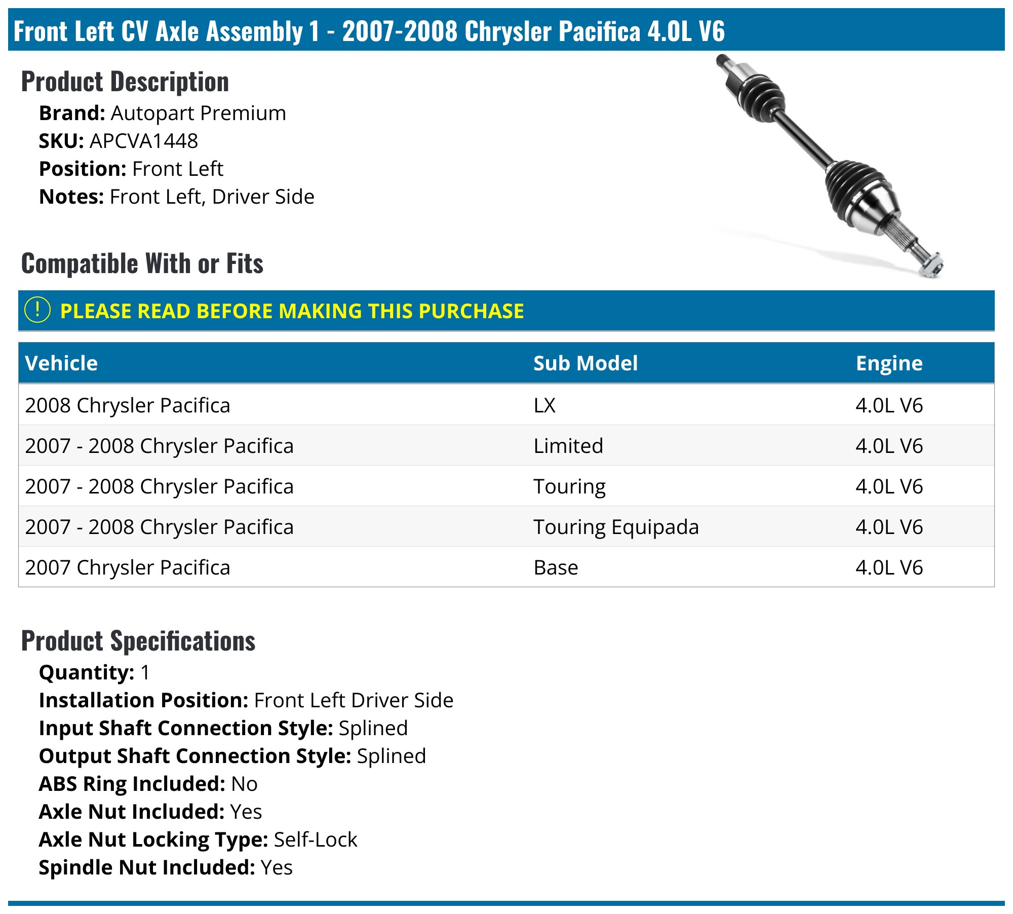 Front Wheel Hub & Bearing Assembly For 2007-2008 Chrysler Pacifica - Left Or Right