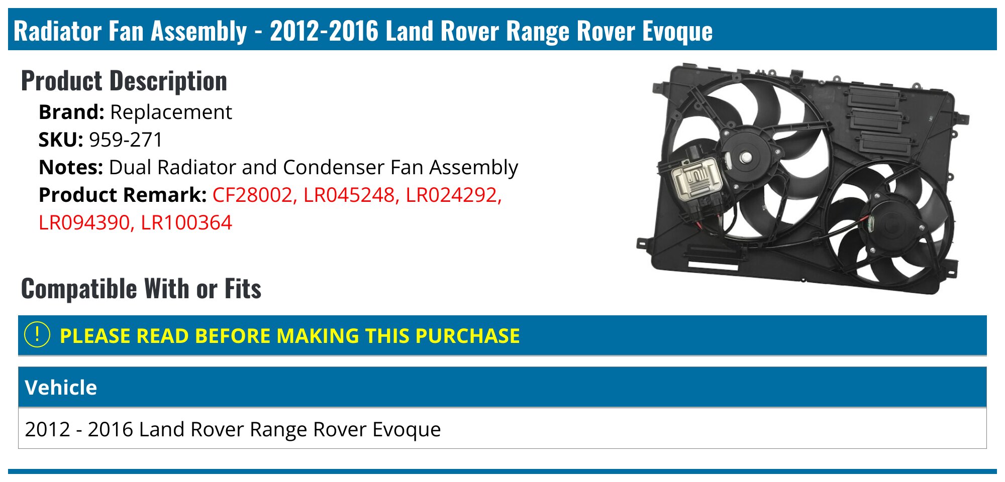Radiator Cooling Fan Module Unit for Range Rover Evoque