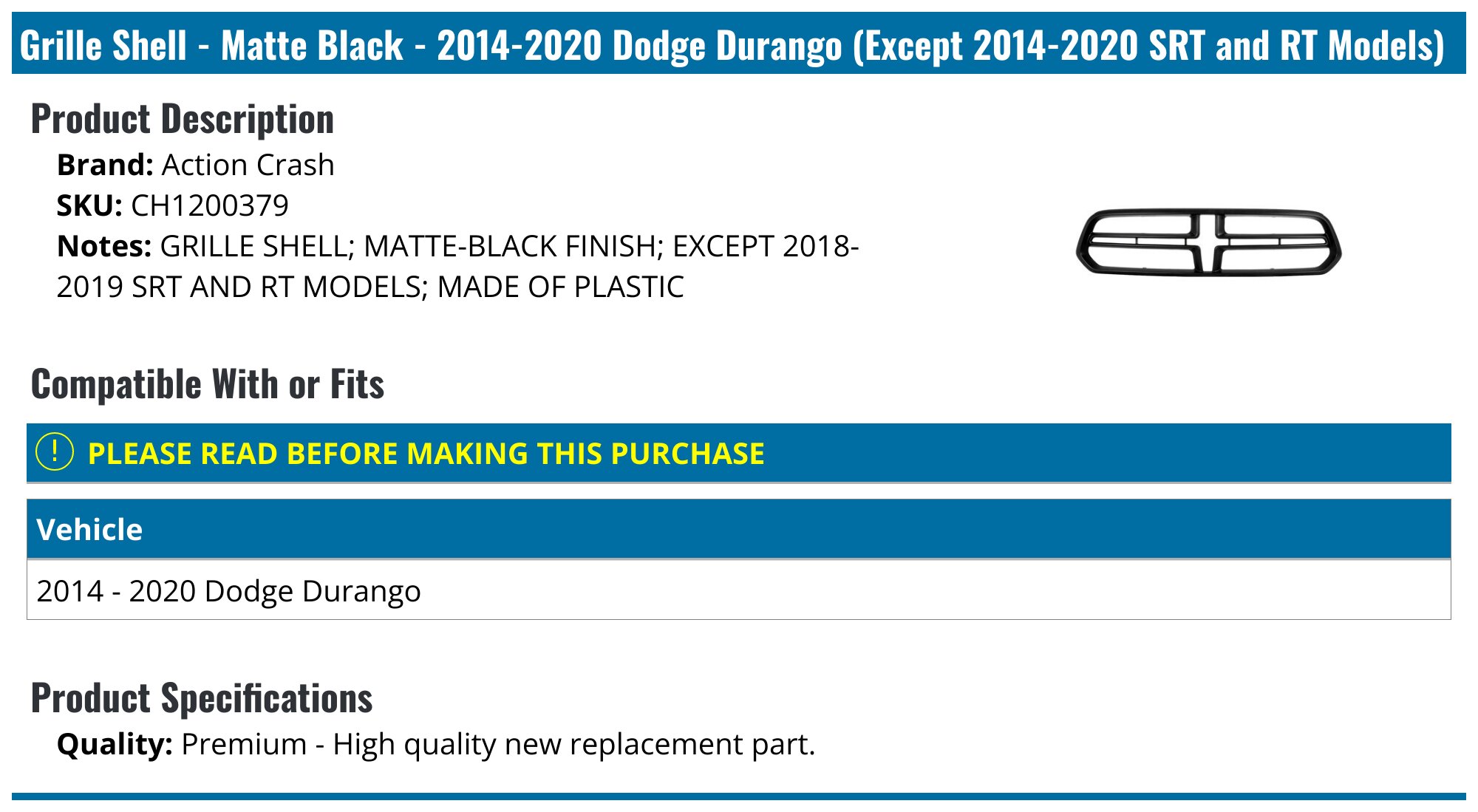 Genuine KARPAL Grille Bracket For Dodge Durango 2014-2024 – OEM Replacement 68227833AA, Black