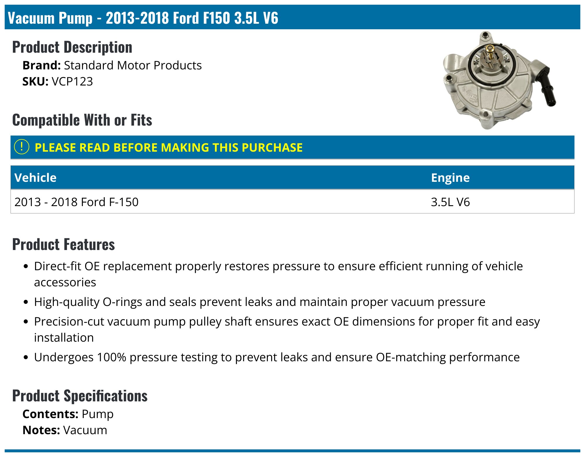 20132018 Ford F150 Vacuum Pump Standard Motor Products VCP123