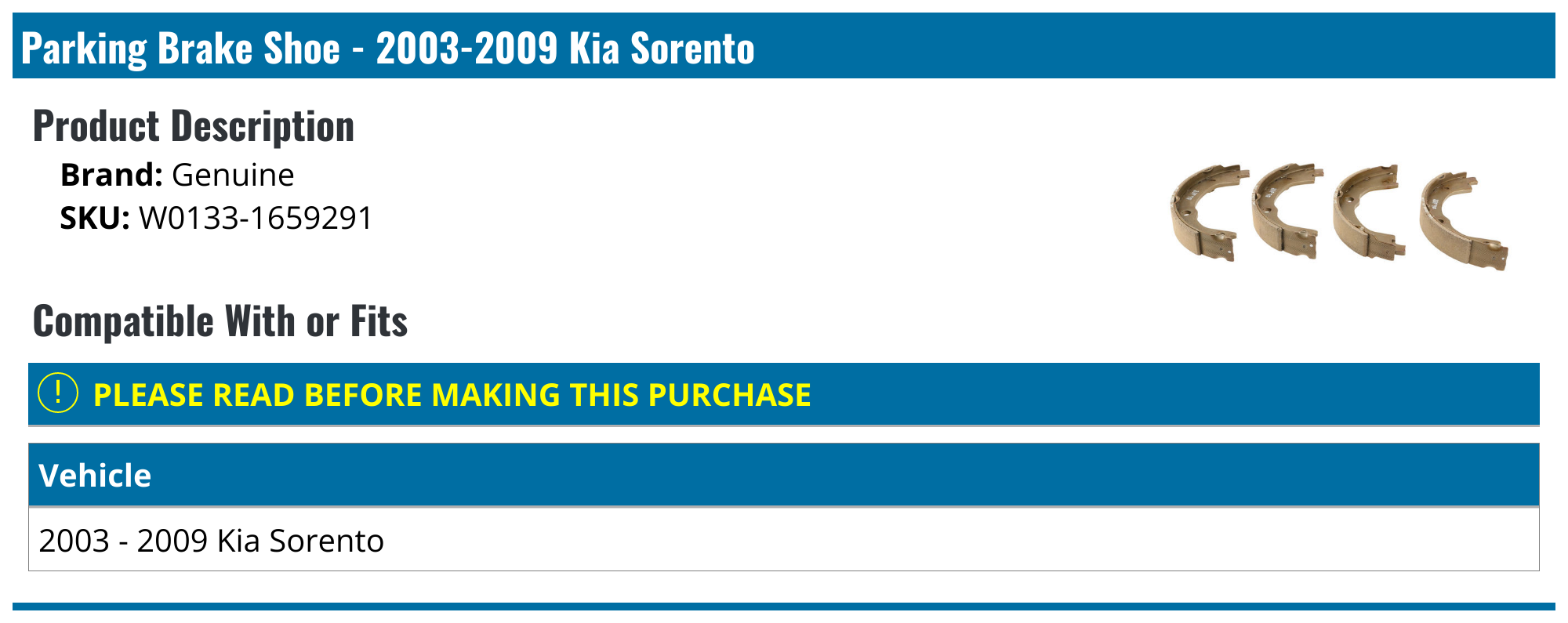 20032009 Kia Sorento Parking Brake Shoe Genuine W01331659291