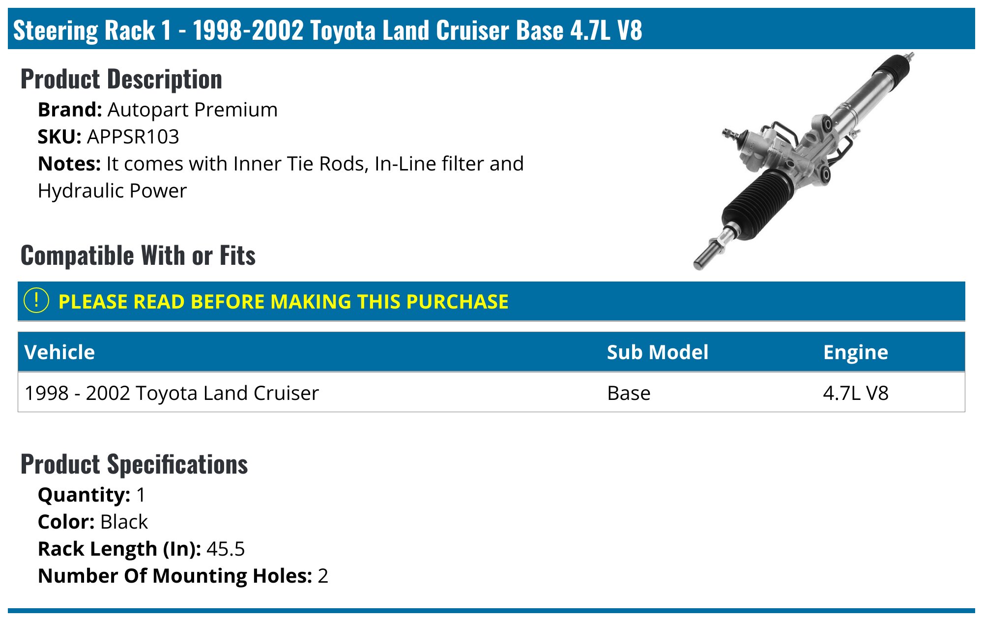 1998-2002 Toyota Land Cruiser Steering Rack - Autopart Premium APPSR103 ...