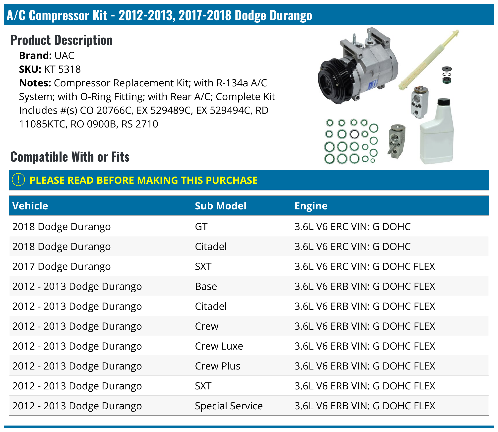2012-2013, 2017-2018 Dodge Durango A/C Compressor - UAC KT 5318 ...