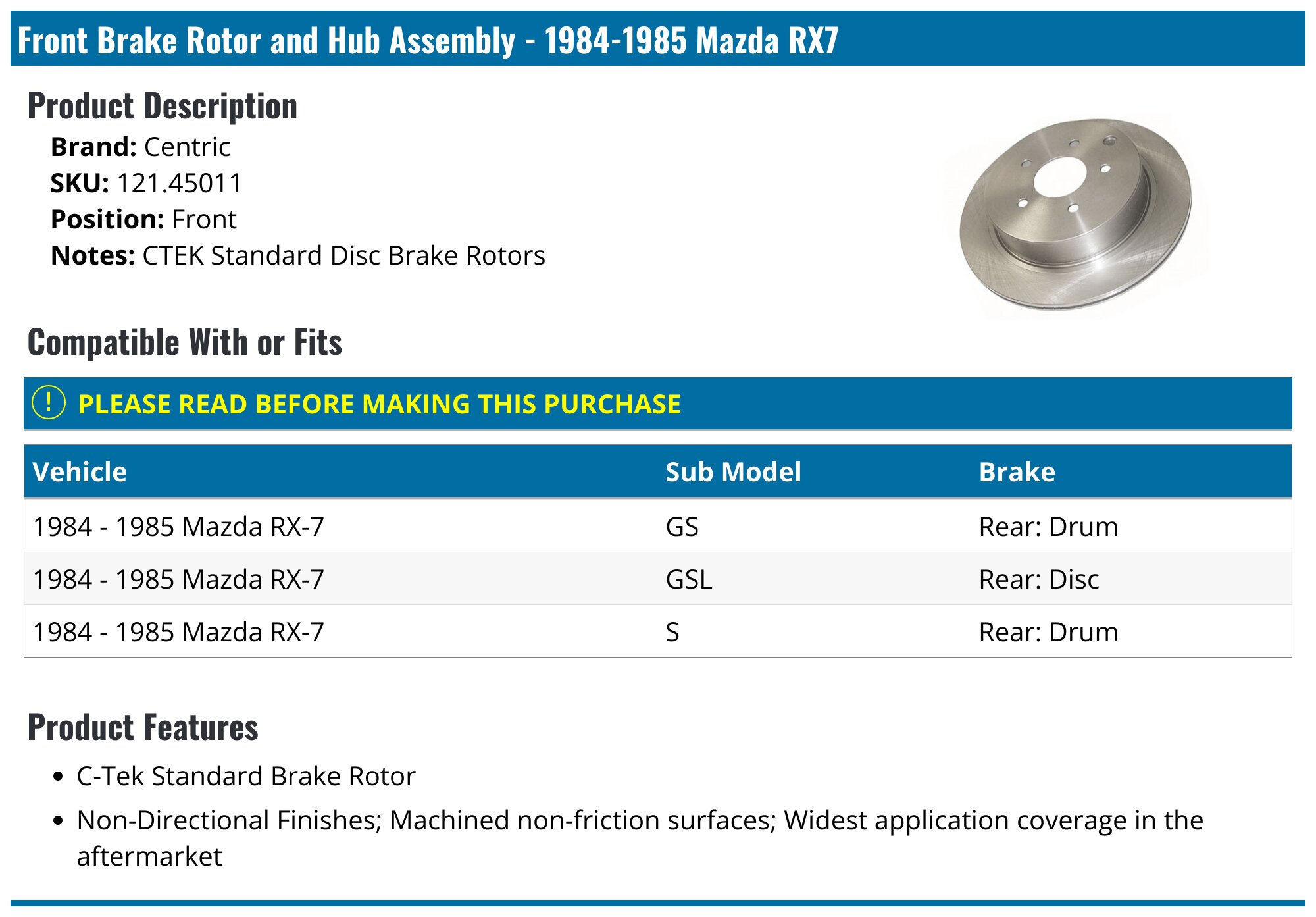 1984-1985 Mazda RX7 Brake Rotor and Hub Assembly - Centric 121.45011 ...