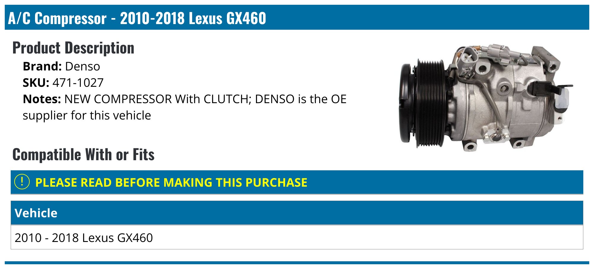 カビゴン ACE10 2010-2020 Lexus GX460 A/C Compressor - Denso 471-1027 - PartsGeek.com