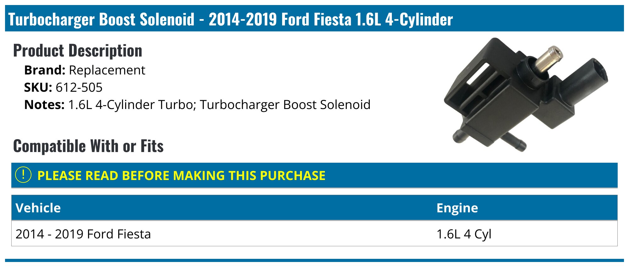 thumbnail image 2 of Awetec Turbocharger Boost Solenoid For Ford Fusion Escape Fiesta ST Transit Connect 1.6L 2 of 4