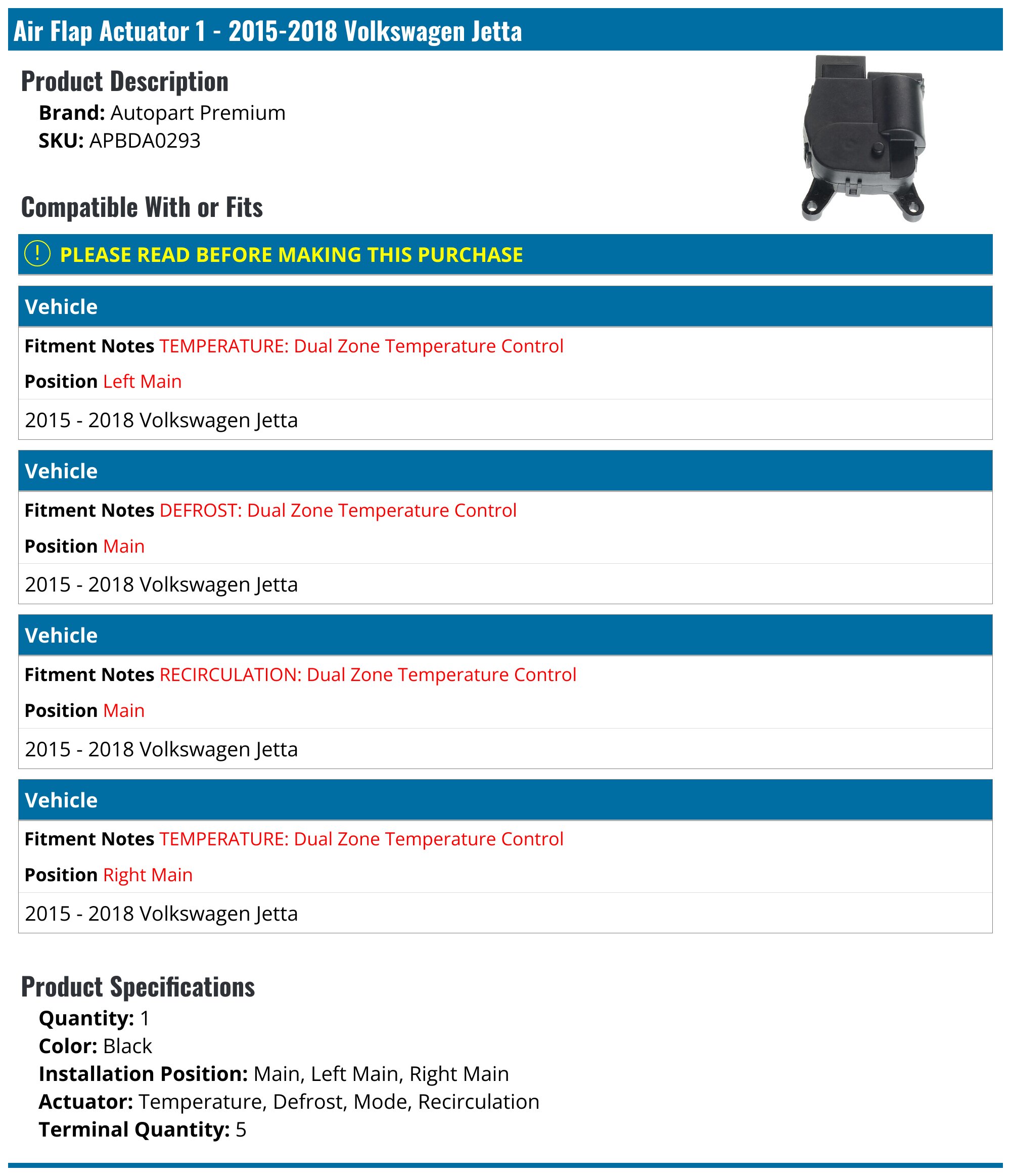2015-2018 Volkswagen Jetta Air Flap Actuator - Autopart Premium ...