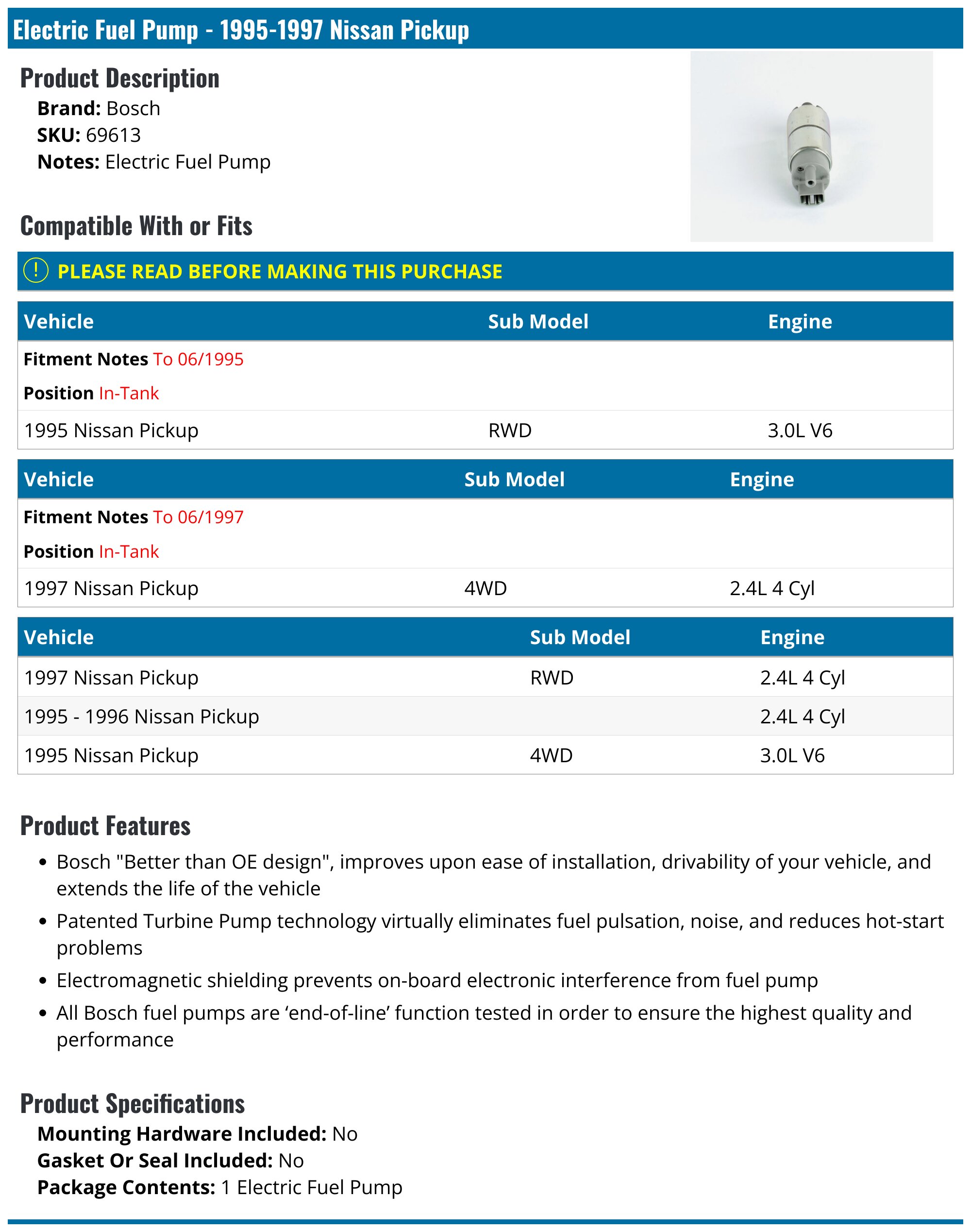 1995-1997 Nissan Pickup Fuel Pump - Bosch 69613 - In-Tank - PartsGeek.com