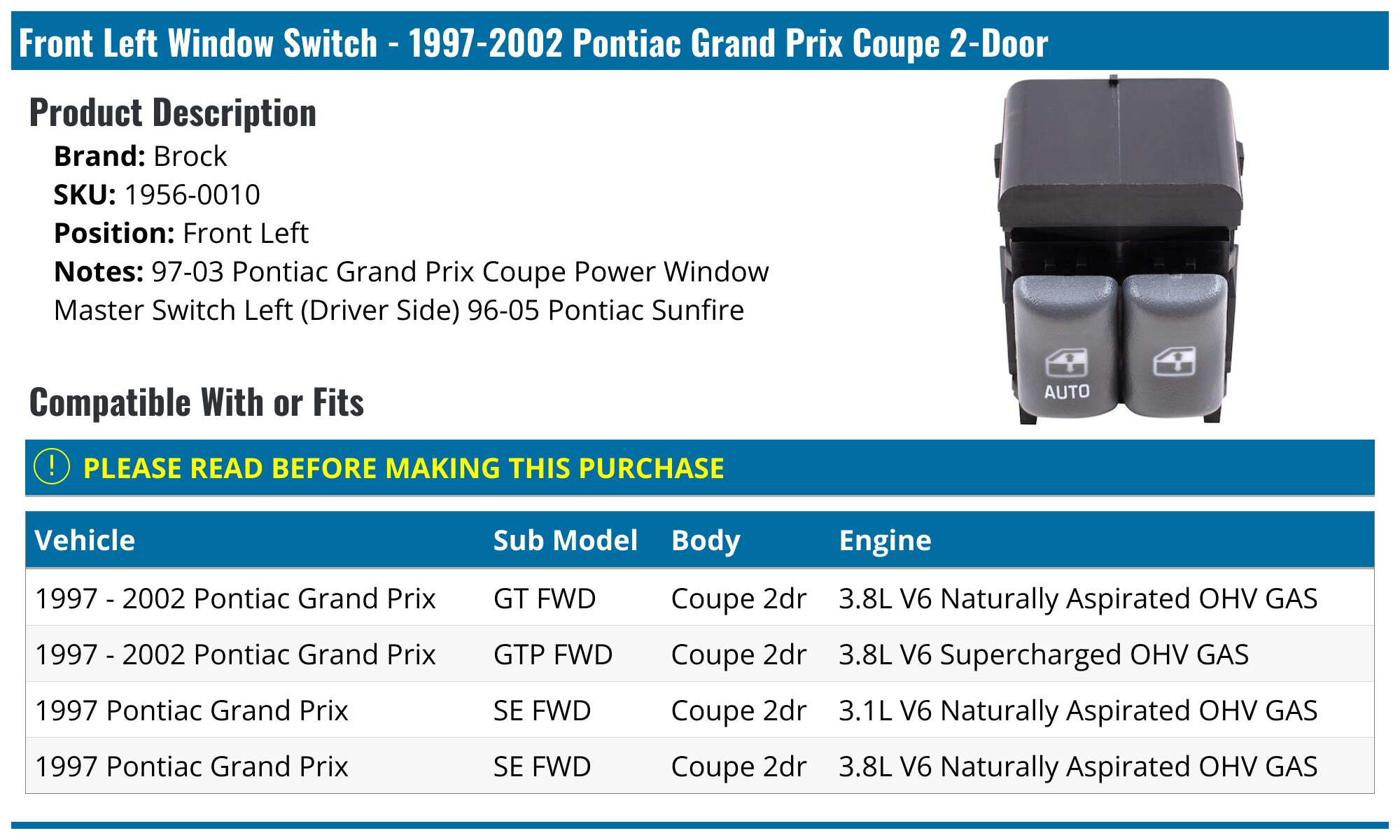 ECCPP Driver Side Master Power Window Switch For Pontiac Grand Prix 2004-2008 - LH Front