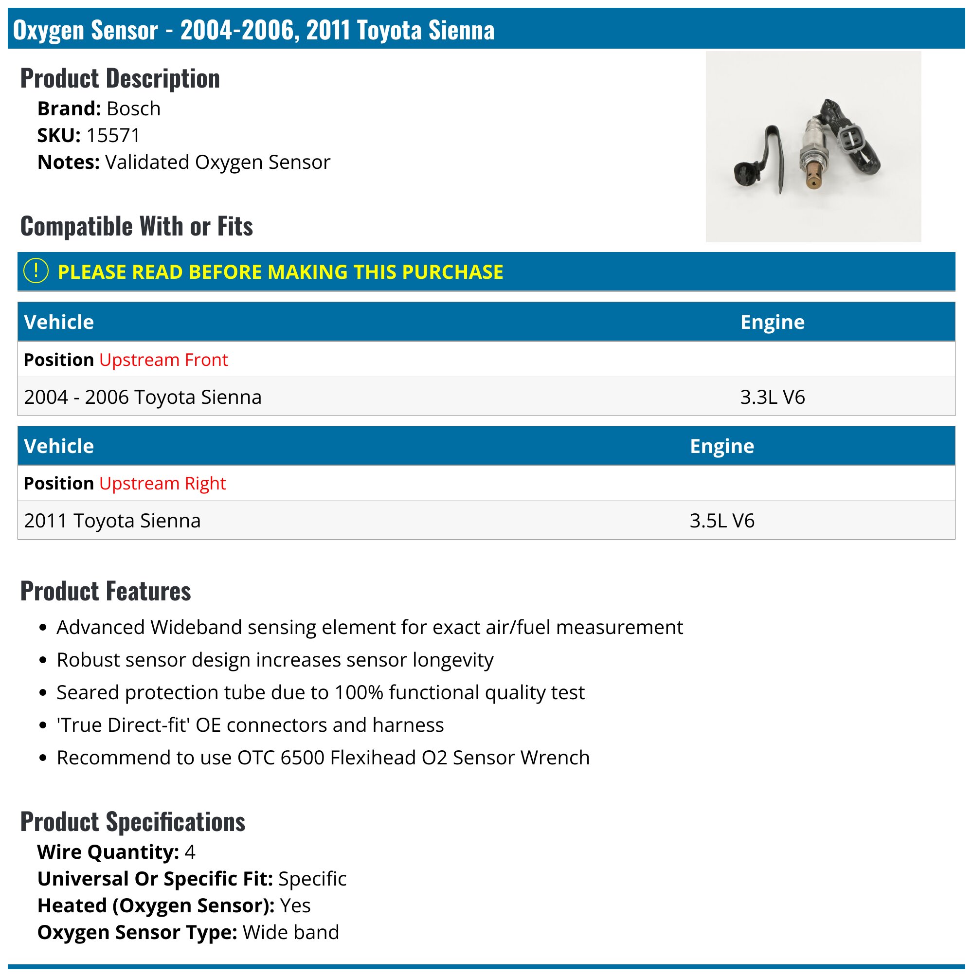 One New Bosch Air / Fuel Ratio Sensor 15571 for Lexus Toyota
