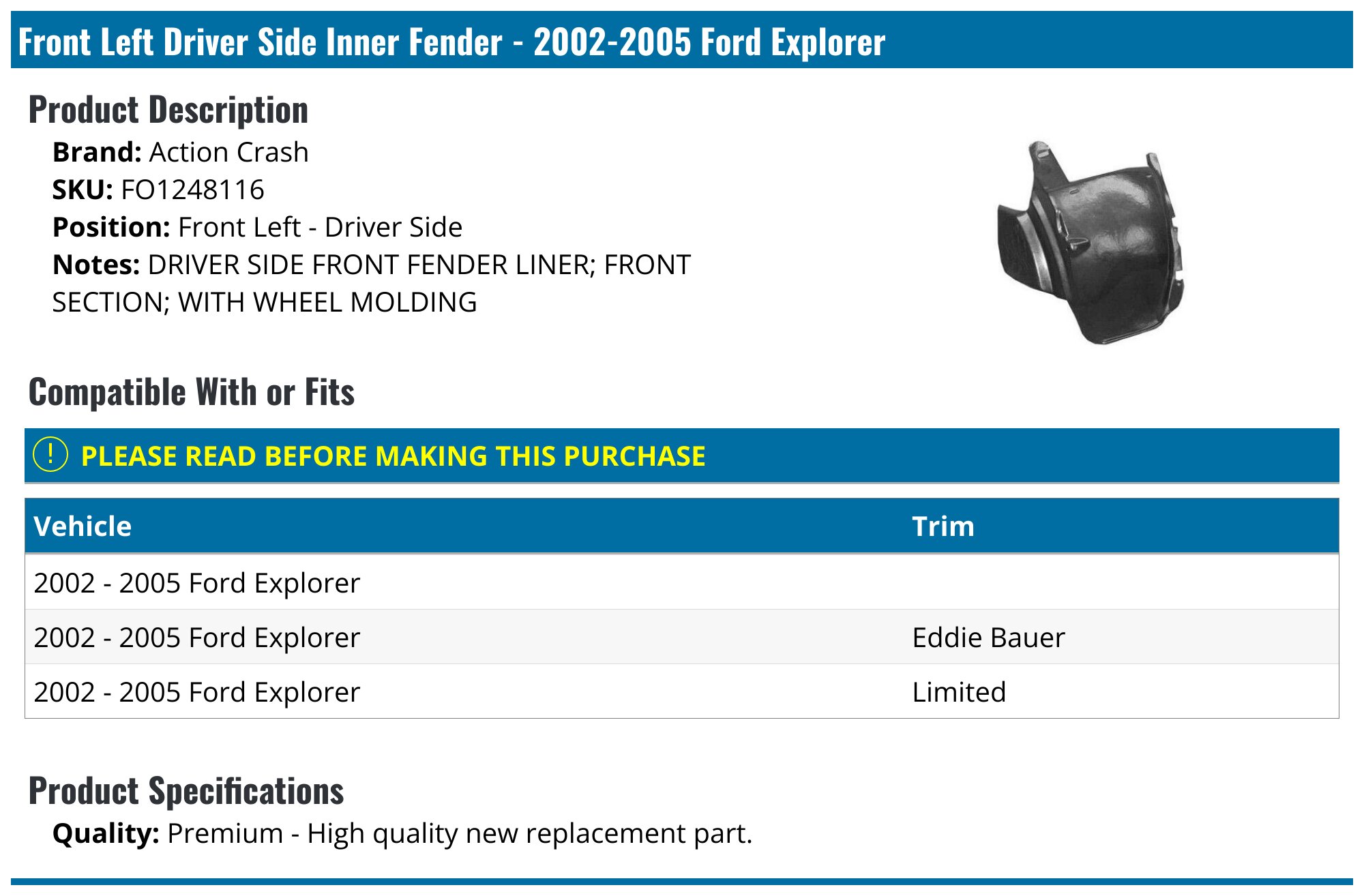 Front Right Fender Liner - 2016-2017 Ford Explorer - TRQ 134767-02871169 Front Right Fender Liner - 2016-2017 Ford Explorer - TRQ 134767-02871169
