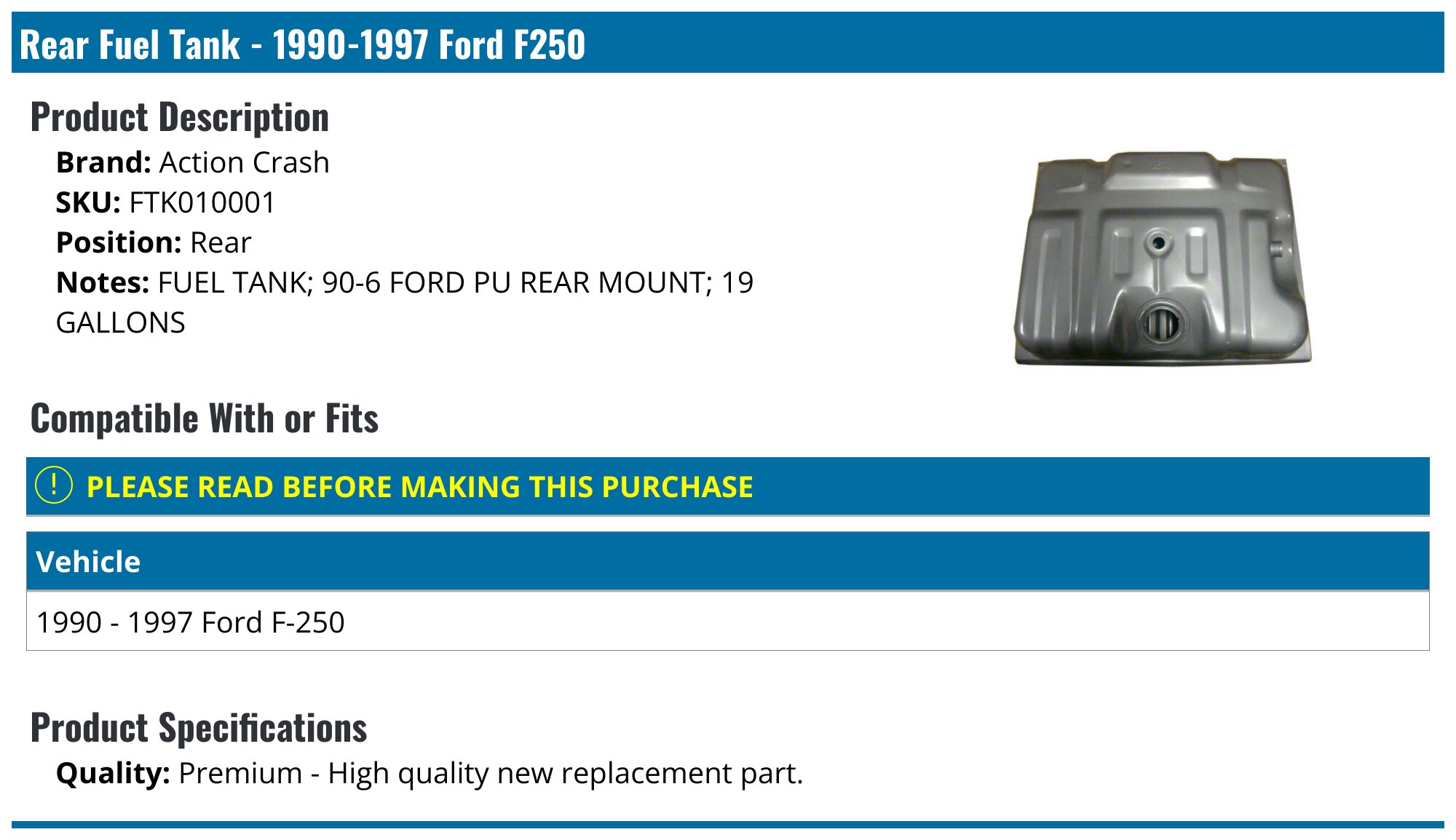 Dorman 48396CR 18-Gallon Fuel Tank For Ford F250 - Fits 1990-1996 & 1998 Models