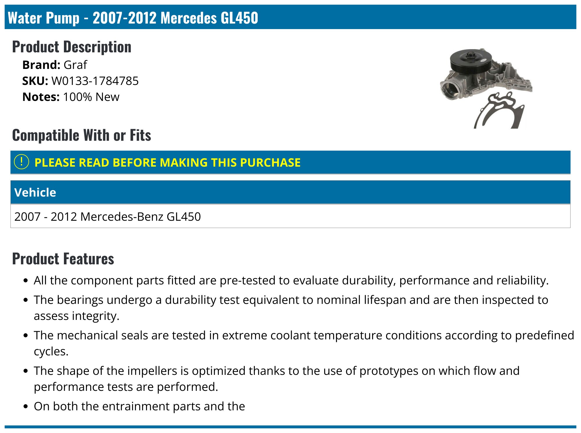 20072012 Mercedes GL450 Water Pump Graf W01331784785