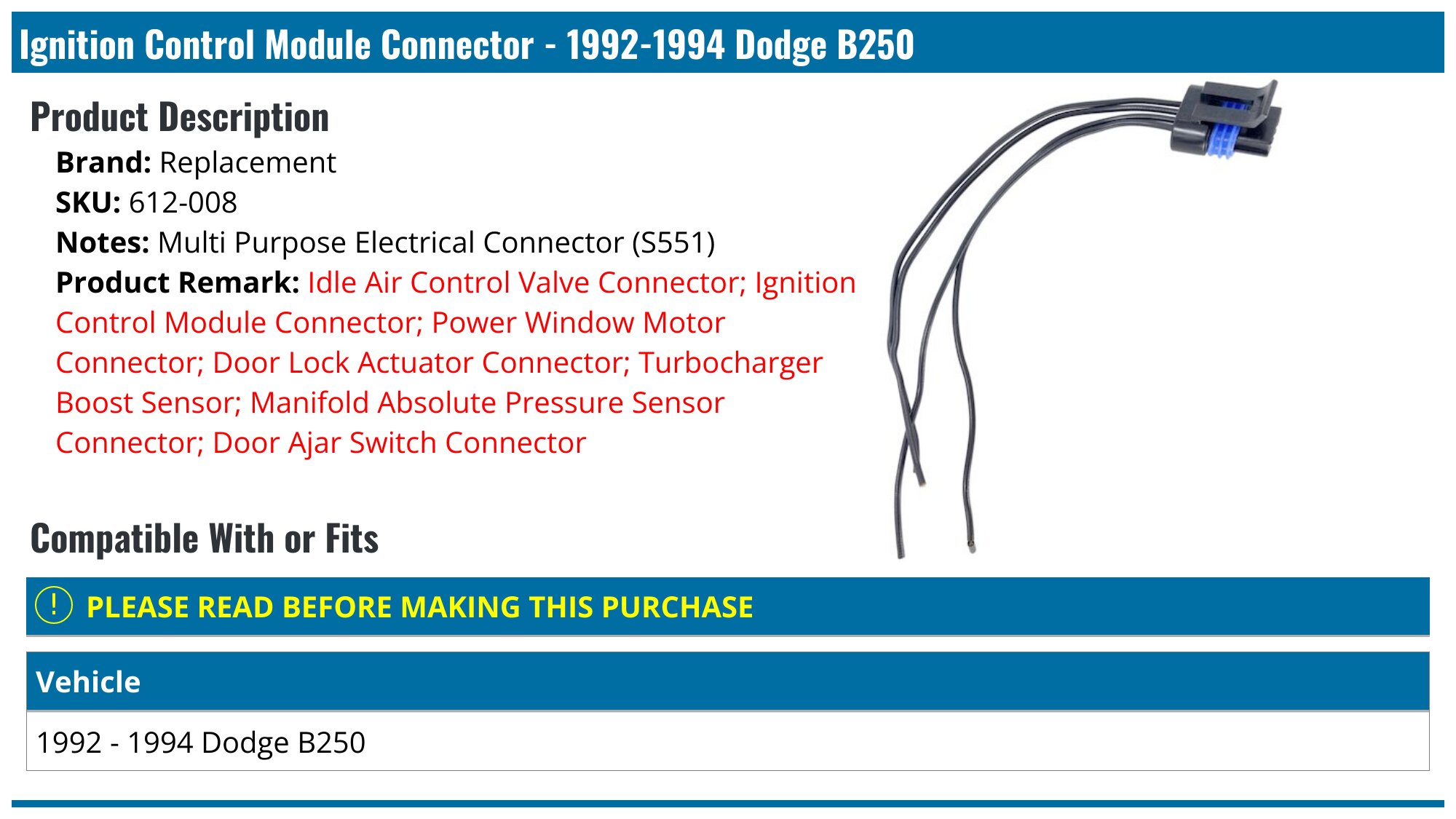 1992-1994 Dodge B250 Ignition Control Module Connector - Replacement ...