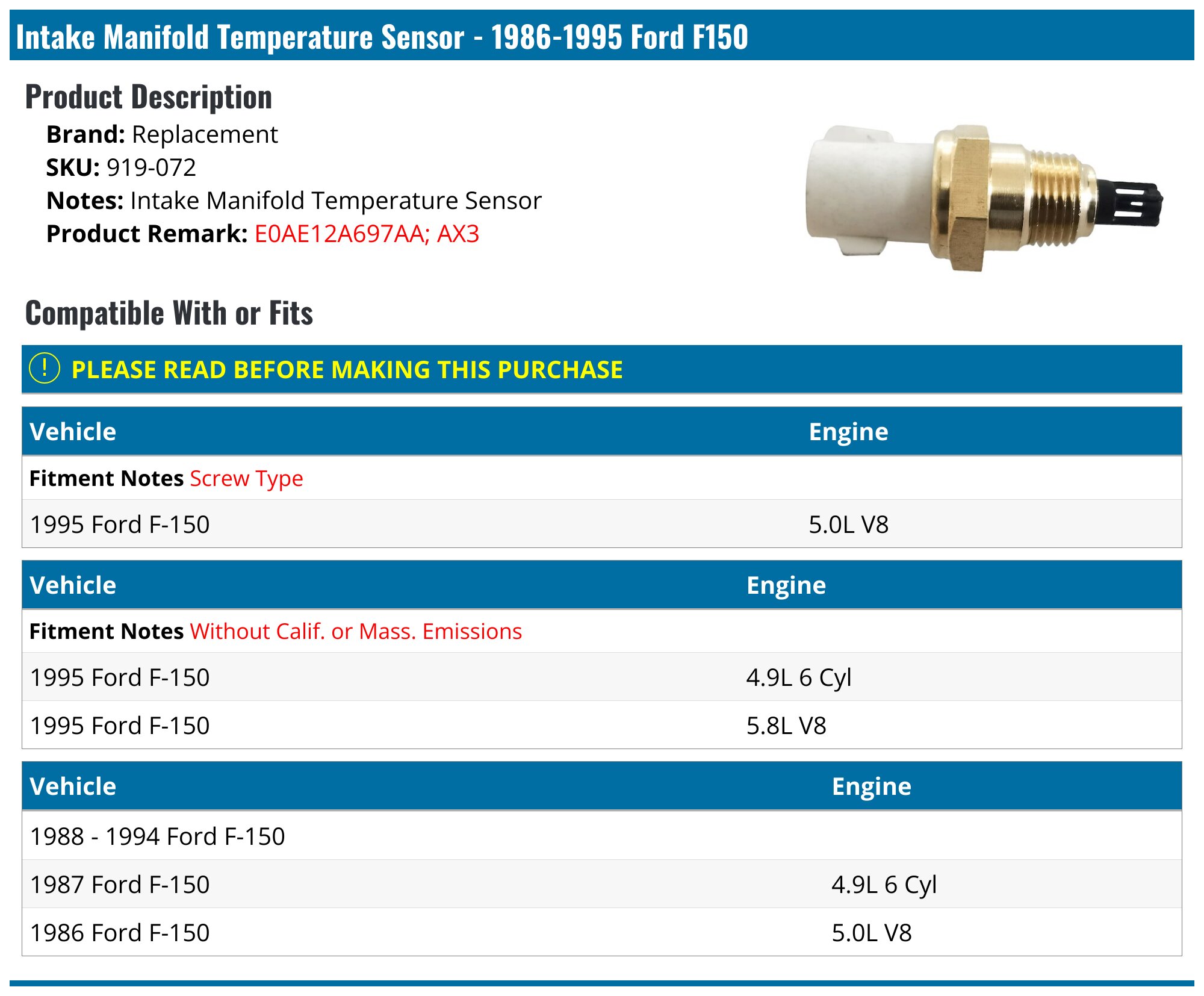 19861995 Ford F150 Intake Manifold Temperature Sensor Replacement
