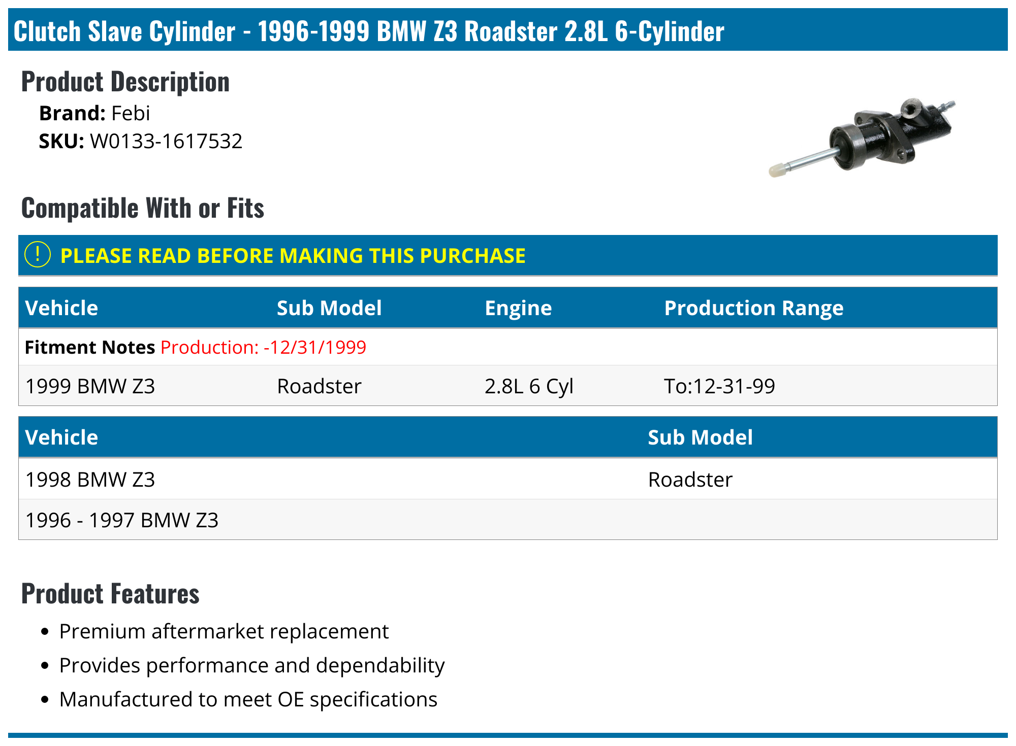 19961999 BMW Z3 Clutch Slave Cylinder Febi W01331617532