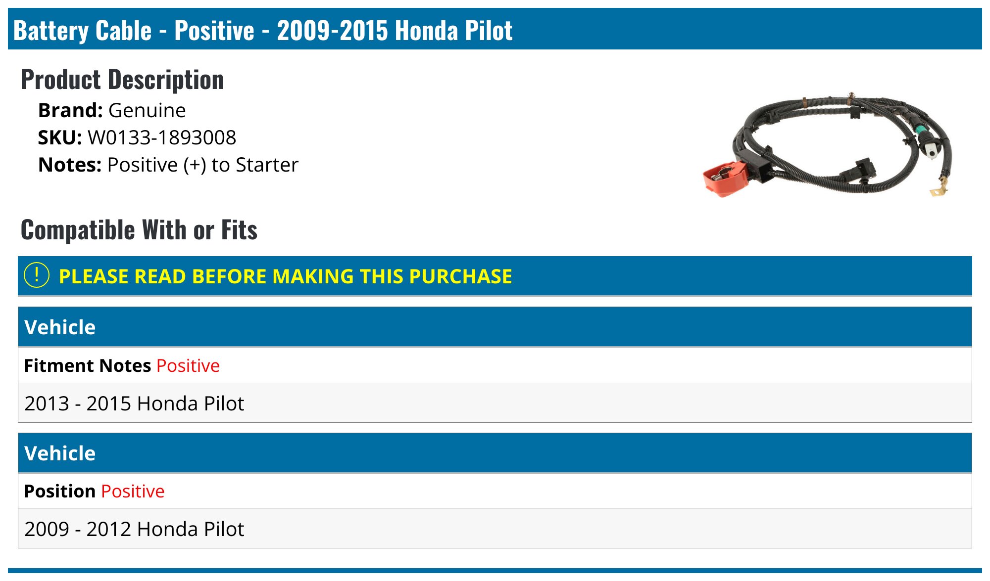 2012 Honda Pilot Positive Battery Terminal