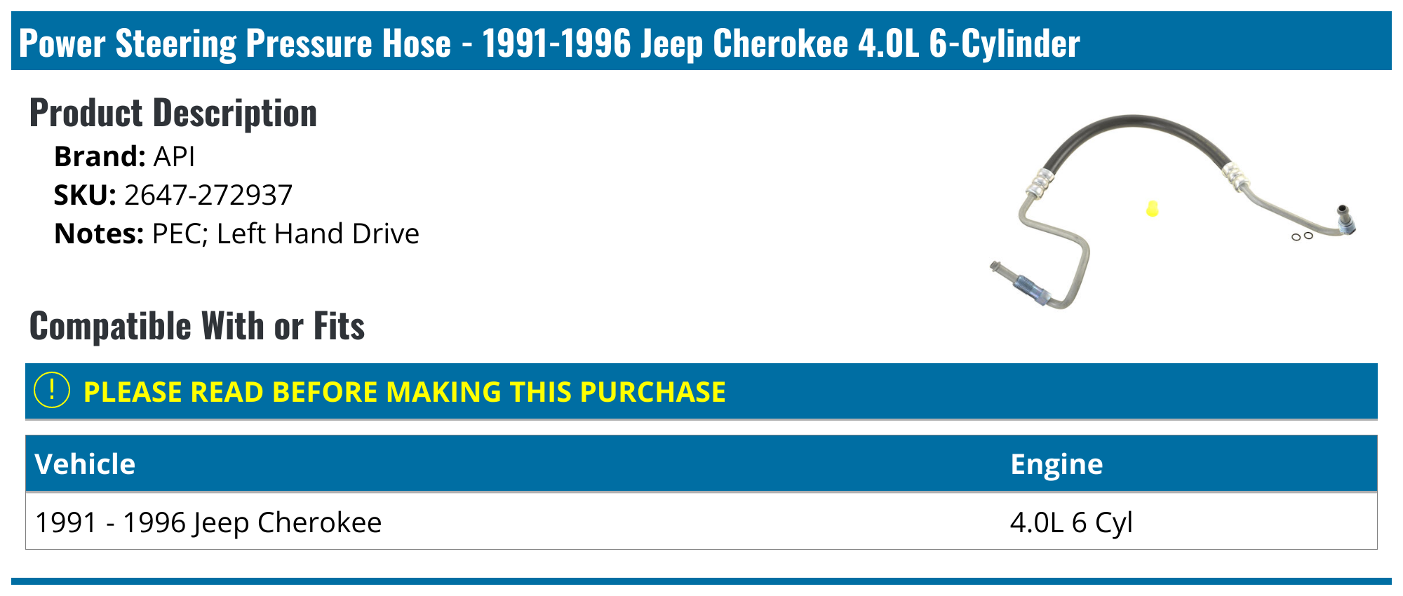 19911996 Jeep Cherokee Power Steering Hose API 222607483945