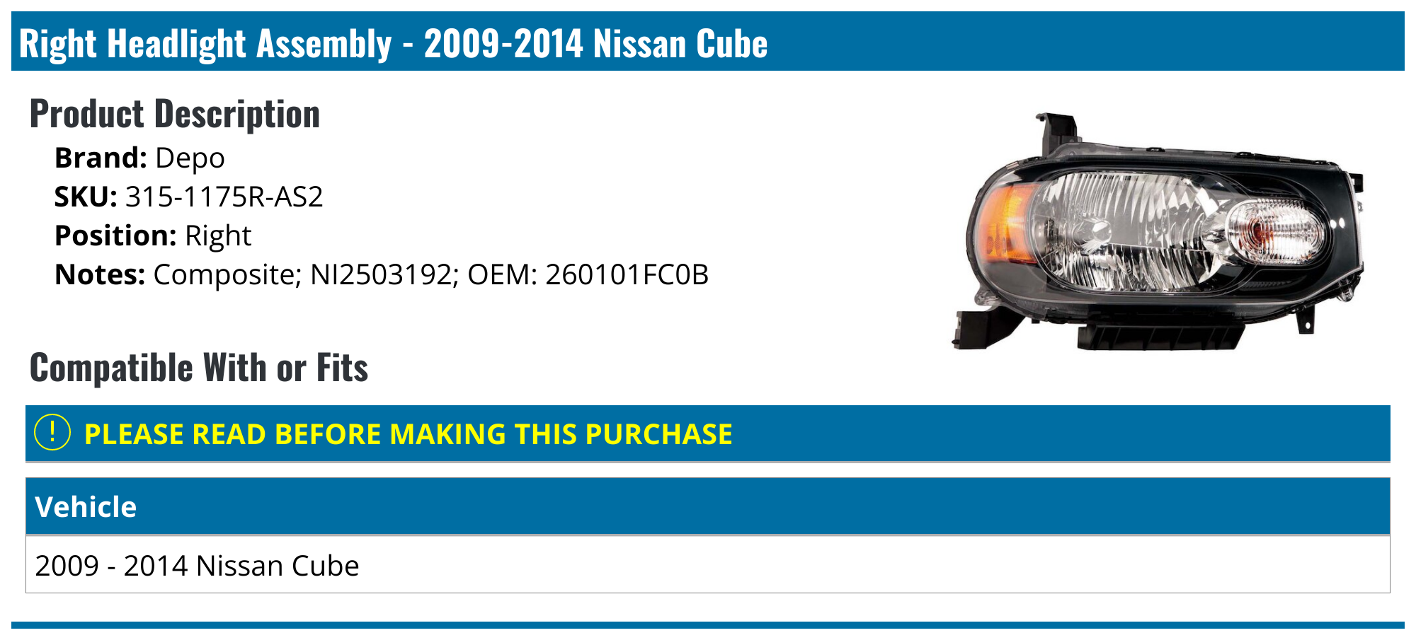 20092014 Nissan Cube Headlight Assembly Depo 3151175RAS2 Right