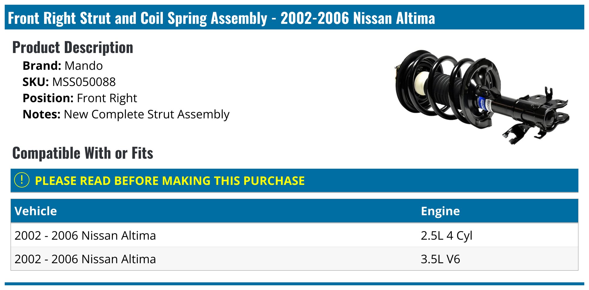New Complete Front Left Driver Side Strut Spring Assembly For Nissan Altima V6 2002 2003 2004 2005 2006 Buyautoparts