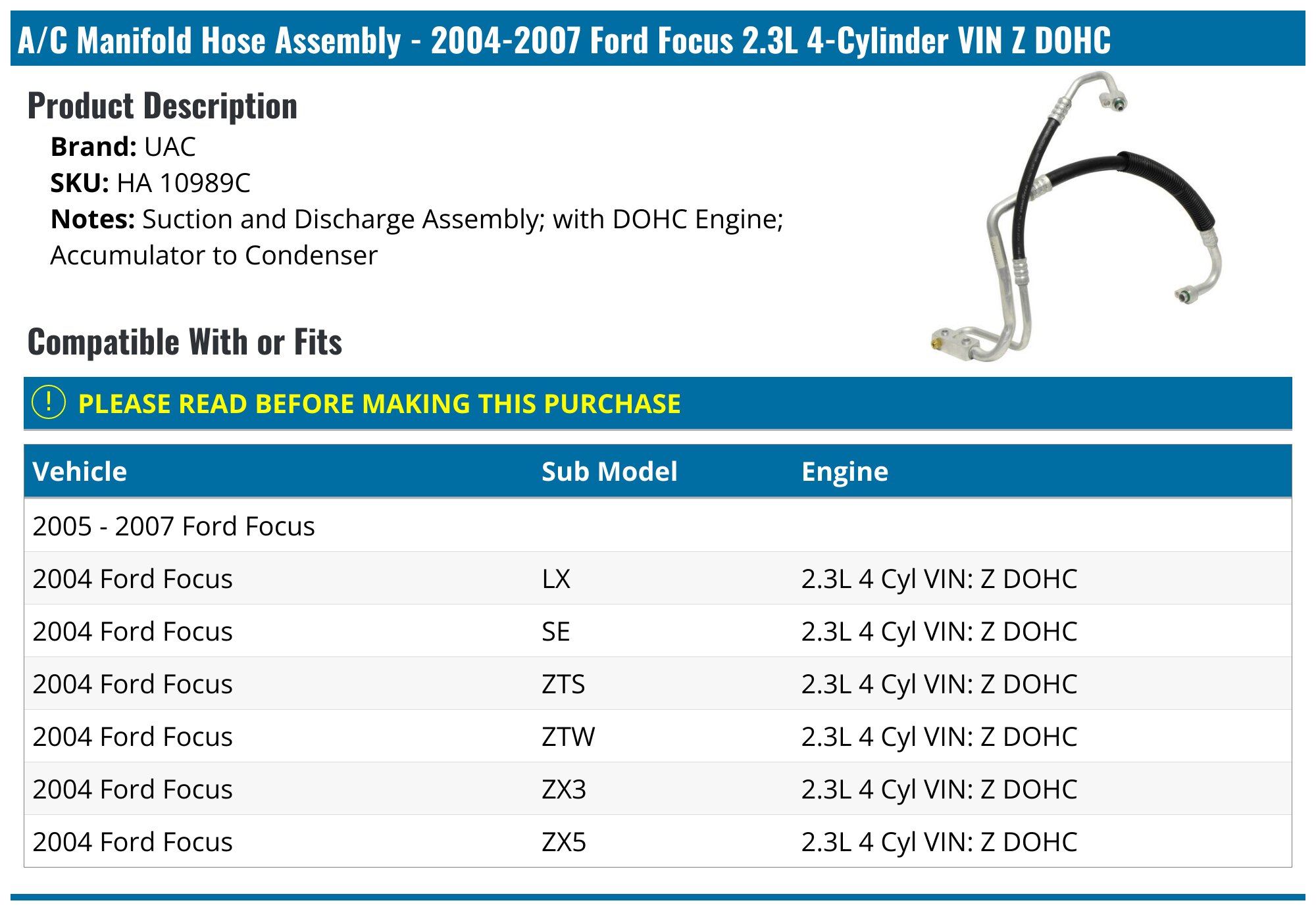 Pressure Tested Hose UAC HA 10296C A/C Manifold Hose
