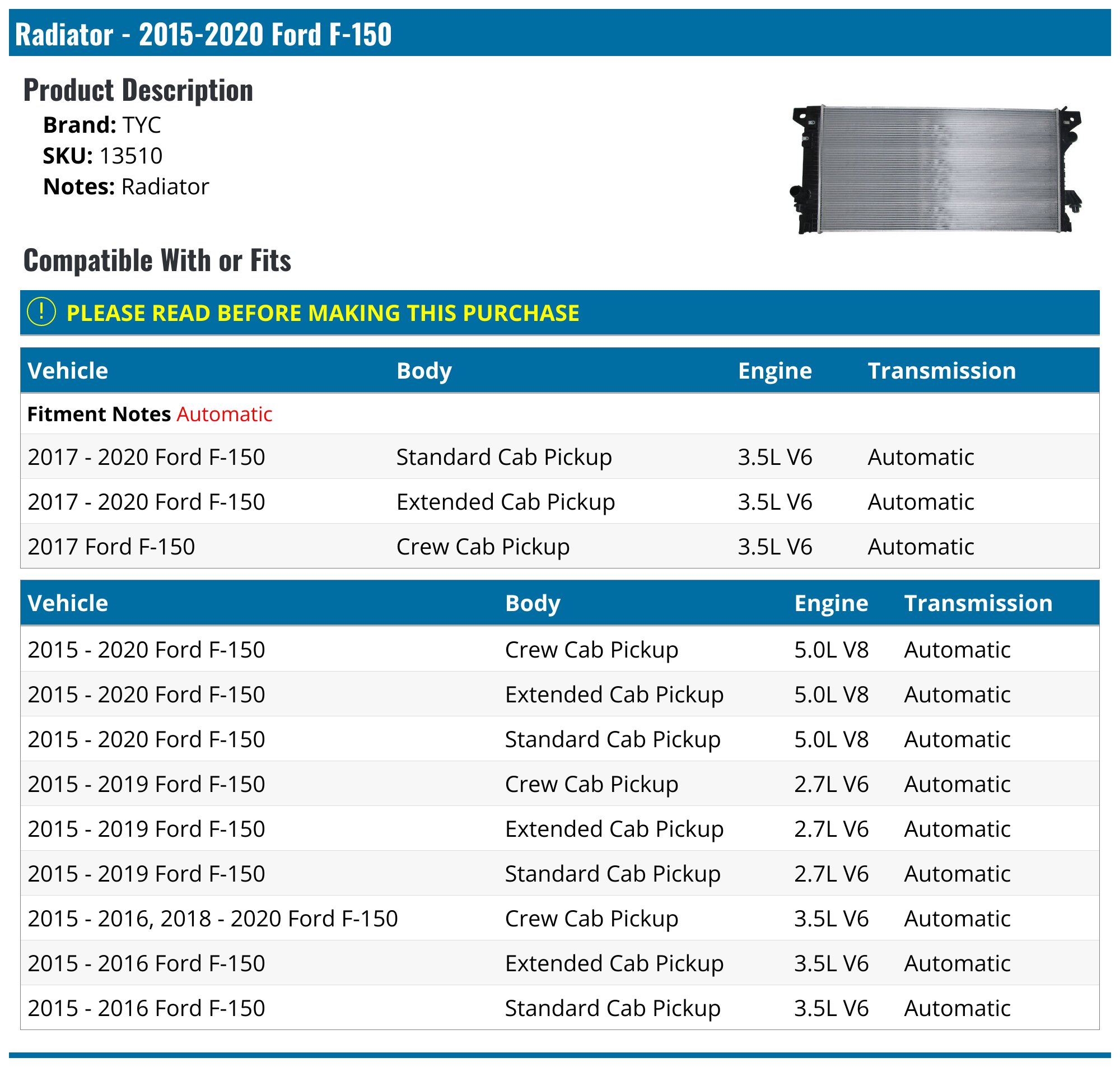 2015-2017 Ford F150 Radiator - TYC 13510 - PartsGeek.com