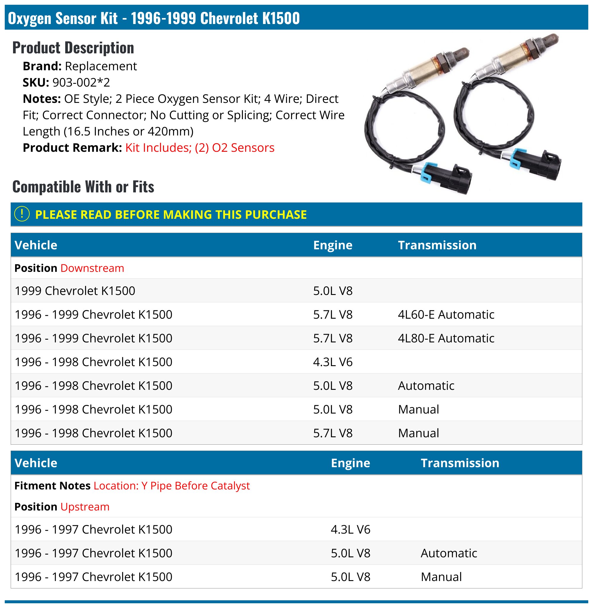 Front Oxygen Sensor For 96-98 Chevy Silverado 1500, K1500, Tahoe - 4.3L 4.8L V6 V8
