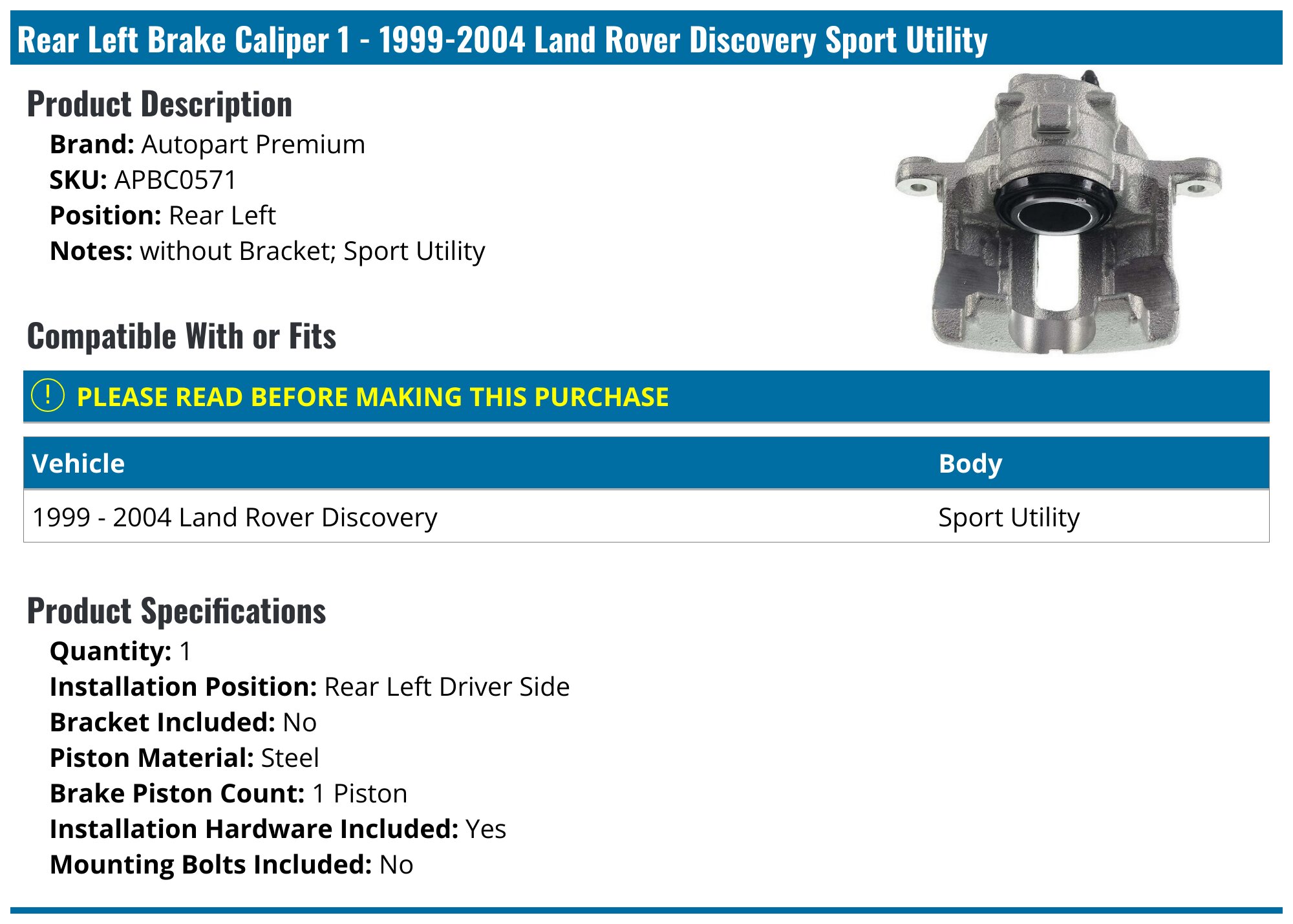 Land Rover STC1915 | Front LH Brake Caliper - Discovery 2 Land Rover STC1915 | Front LH Brake Caliper - Discovery 2