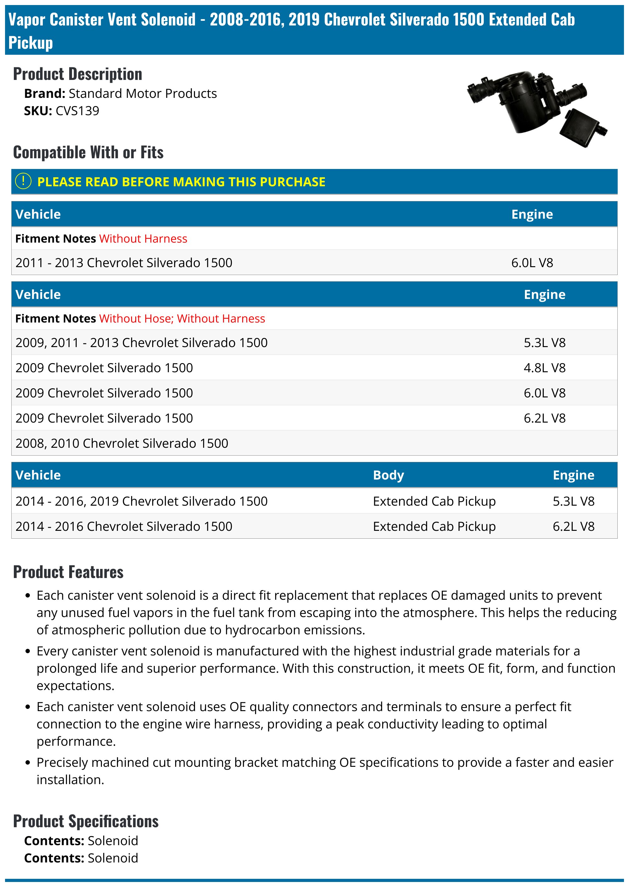 20082016, 2019 Chevrolet Silverado 1500 Vapor Canister Vent Valve
