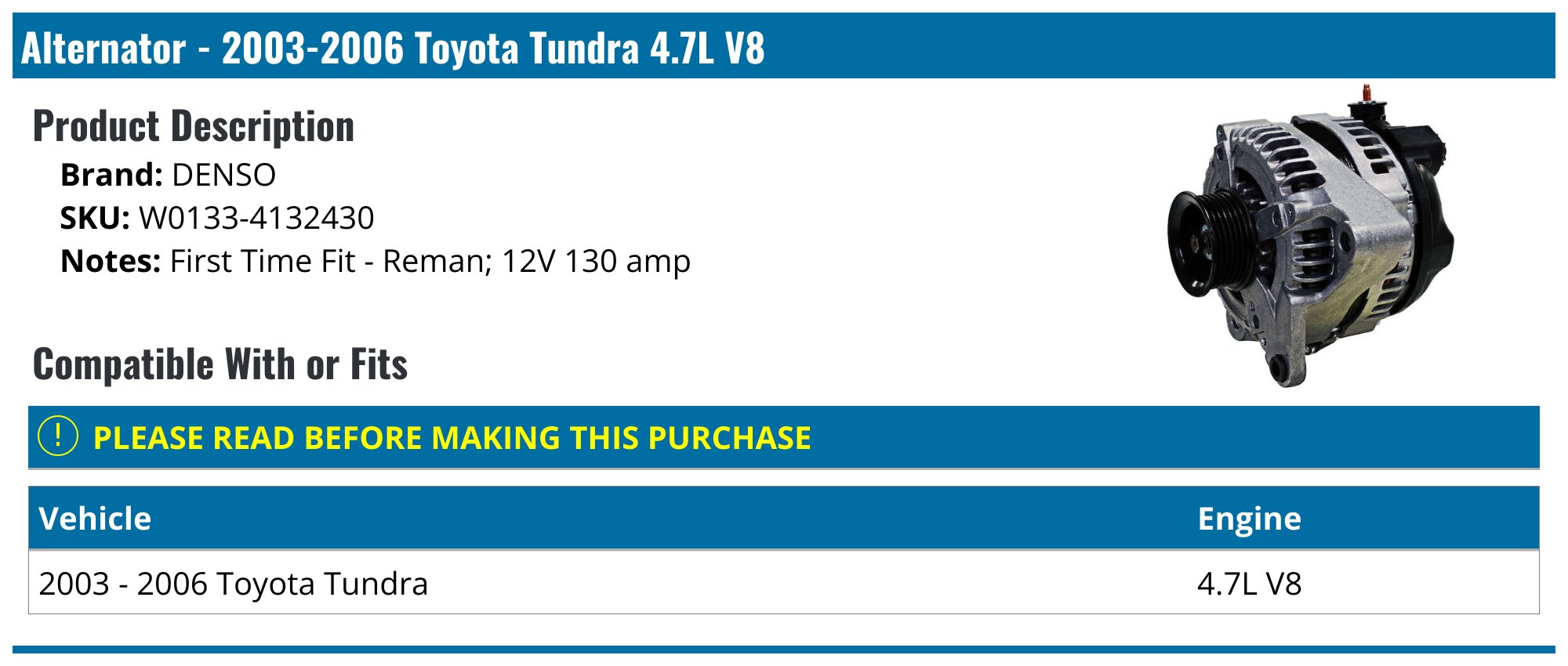 Alternator For Toyota Tundra 4.7L 2003 2004 2005 2006 2007 2008 2009 13994