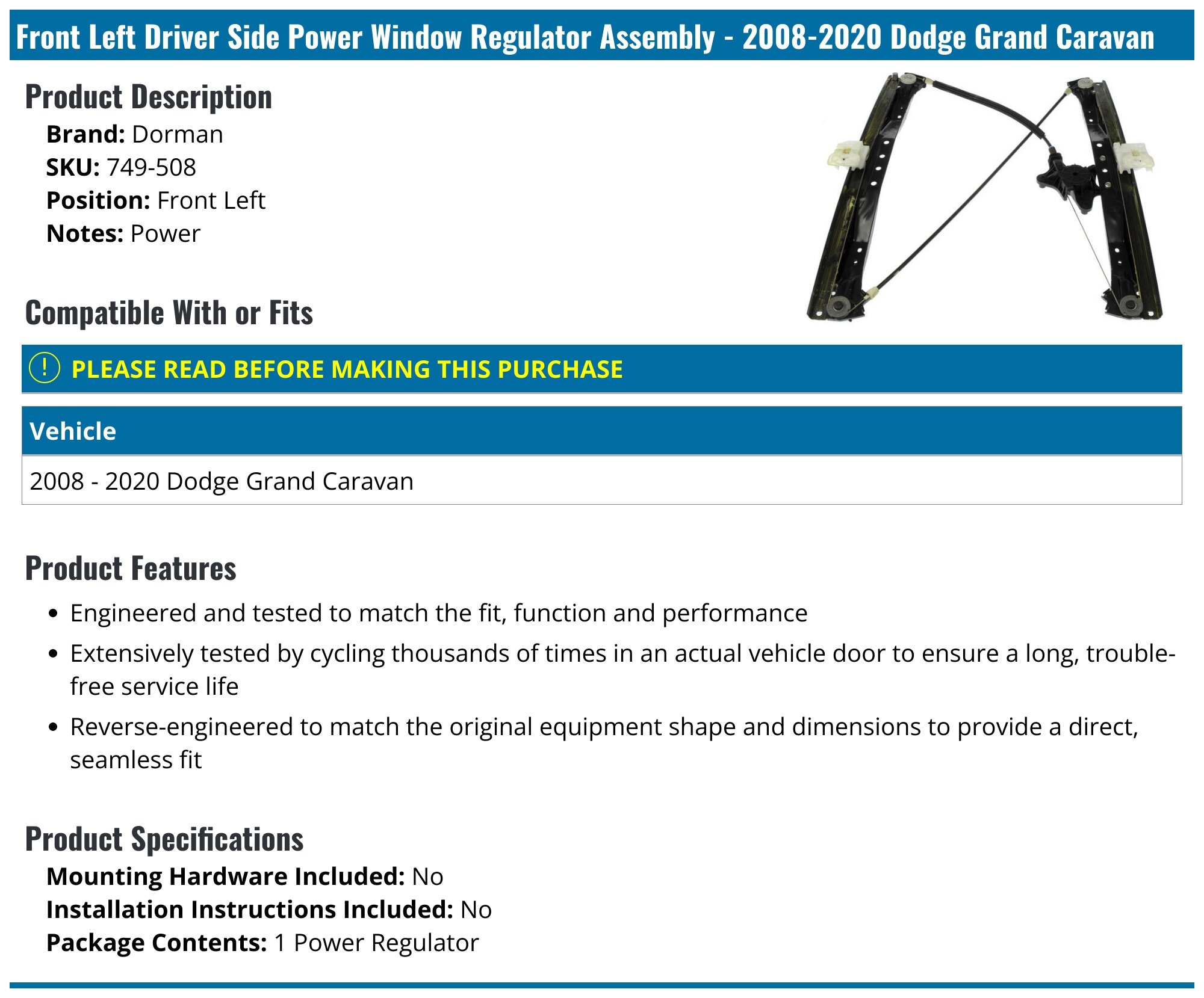 2018 Dodge Grand Caravan Window Regulators - Advance Auto Parts