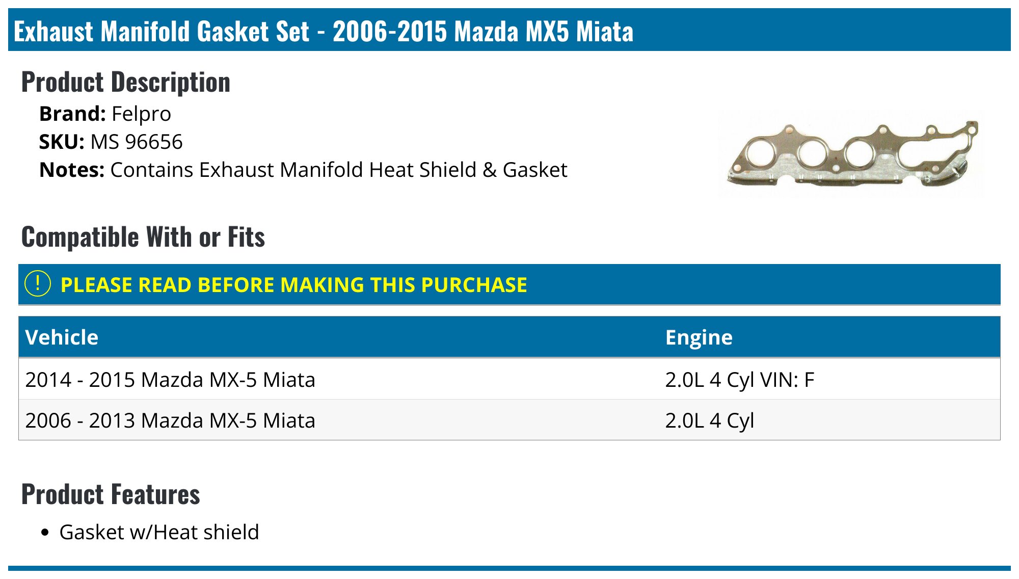 20062015 Mazda MX5 Miata Exhaust Manifold Gasket Felpro MS 96656