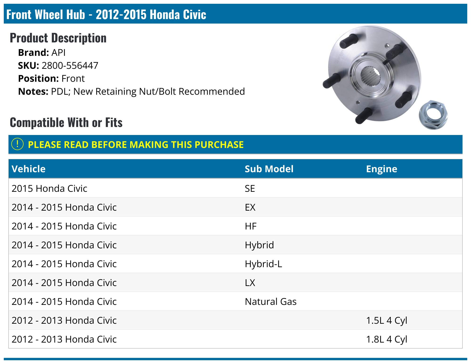 2 Rear Wheel Hub Bearing Assemblies For Honda Civic 2013-2015 With ABS – Left & Right