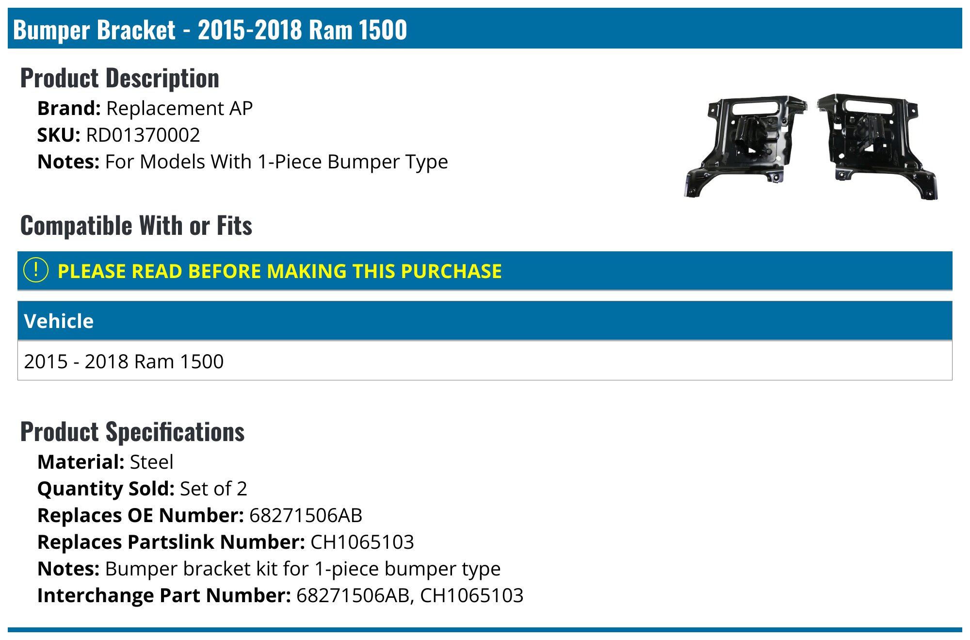 13-22 DODGE RAM 1500 CLASSIC RIGHT & LEFT OUTER BRACKET KIT FRONT BUMPER MOPAR E - Foto 12