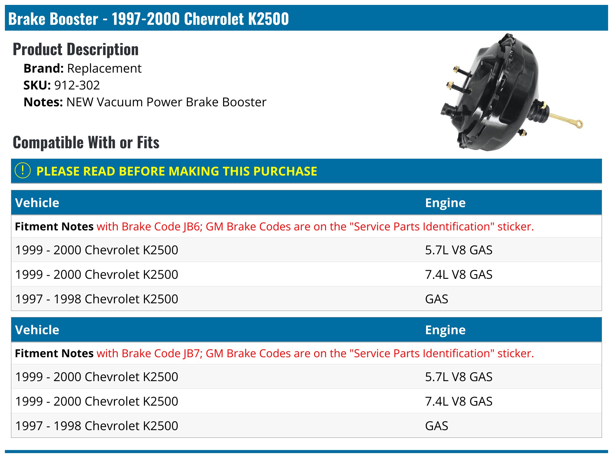 Vacuum Power Brake Booster fit for Chevrolet K2500 K1500 C1500 C2500 97 98 99 00