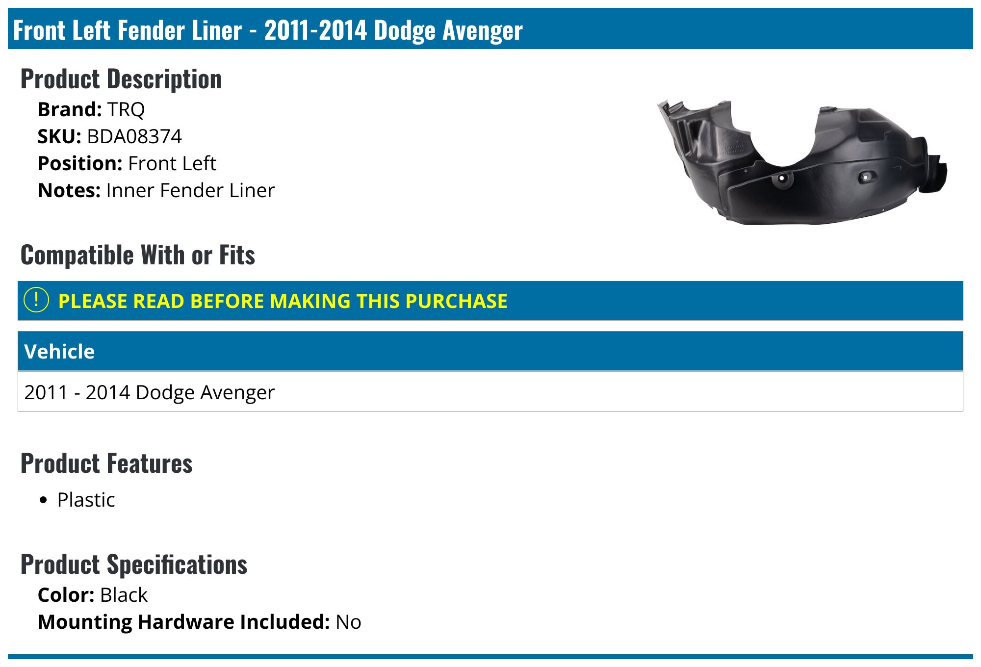 Front Left & Right Fender Liner Set With Clips For 2011-2014 Dodge Avenger – Black Plastic
