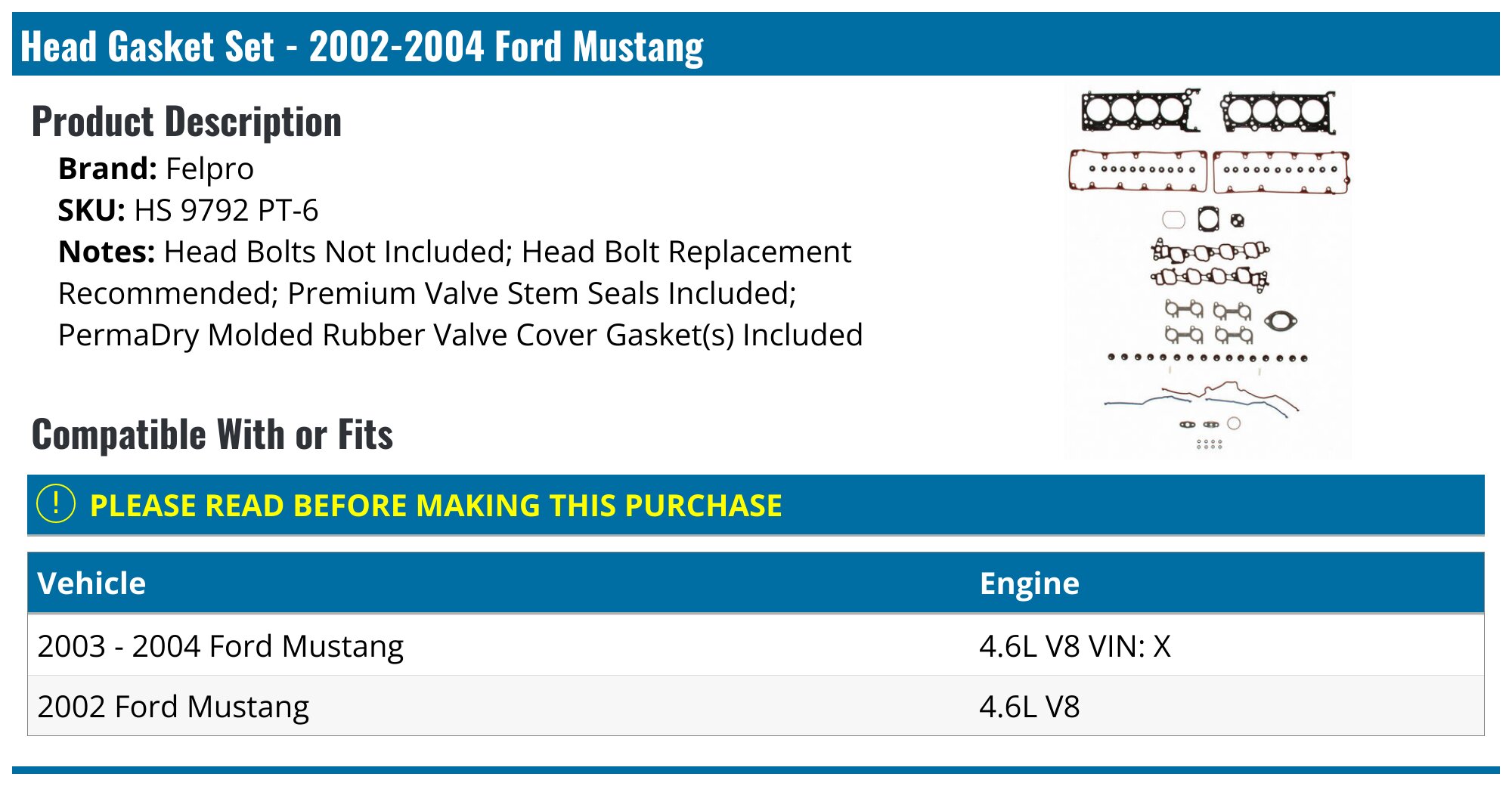 Full Gasket Set W/ MLS Head Gaskets & Bolts – For Ford Mustang Mach 1 4.6L DOHC VIN R (2003-2004)