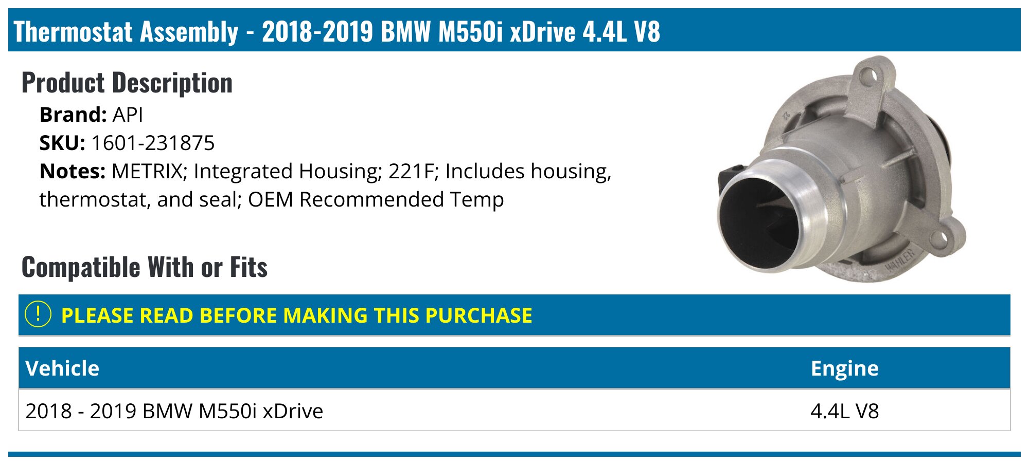 2018-2019 BMW M550i xDrive Thermostat - API 145251-07748770 - PartsGeek.com