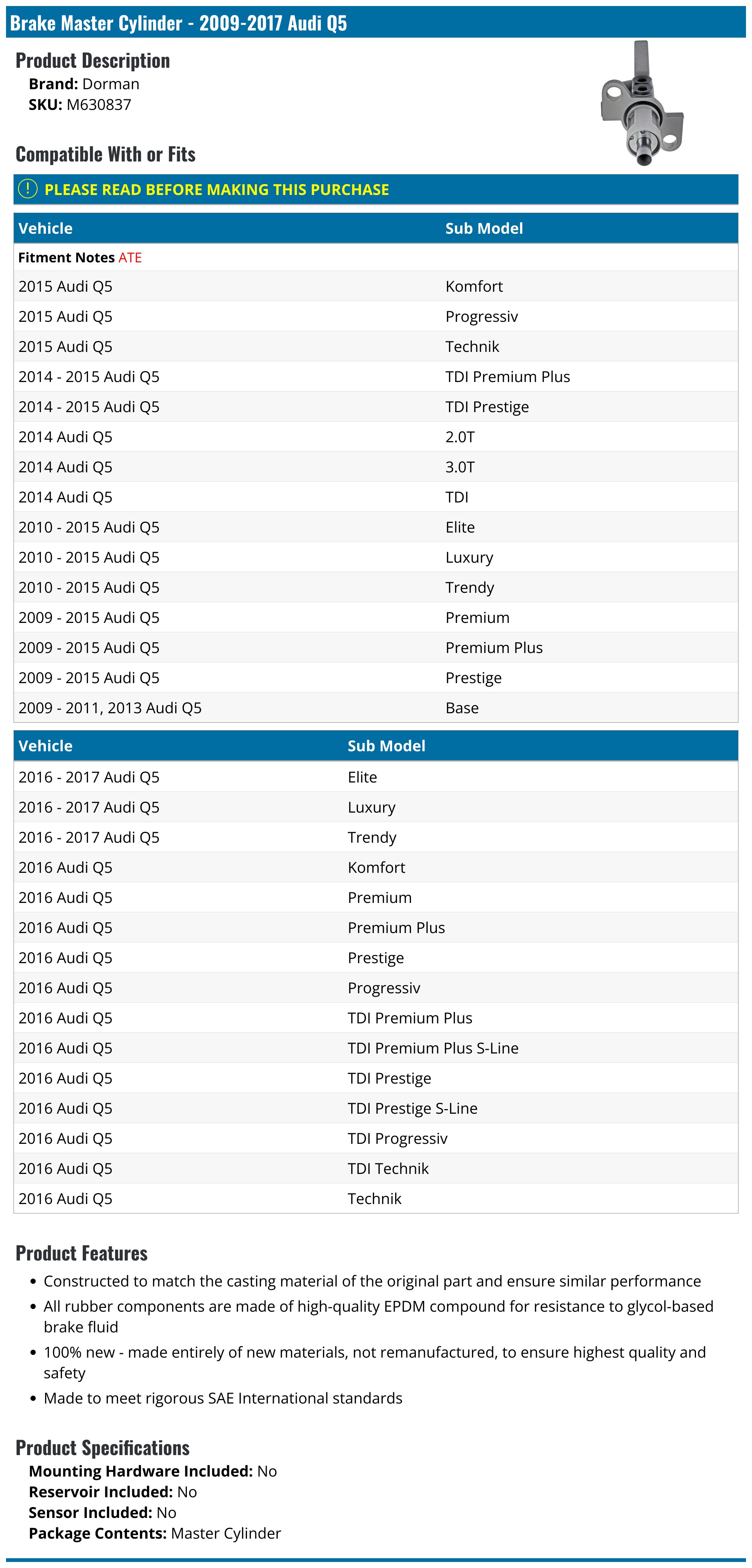 20092017 Audi Q5 Brake Master Cylinder Dorman M630837