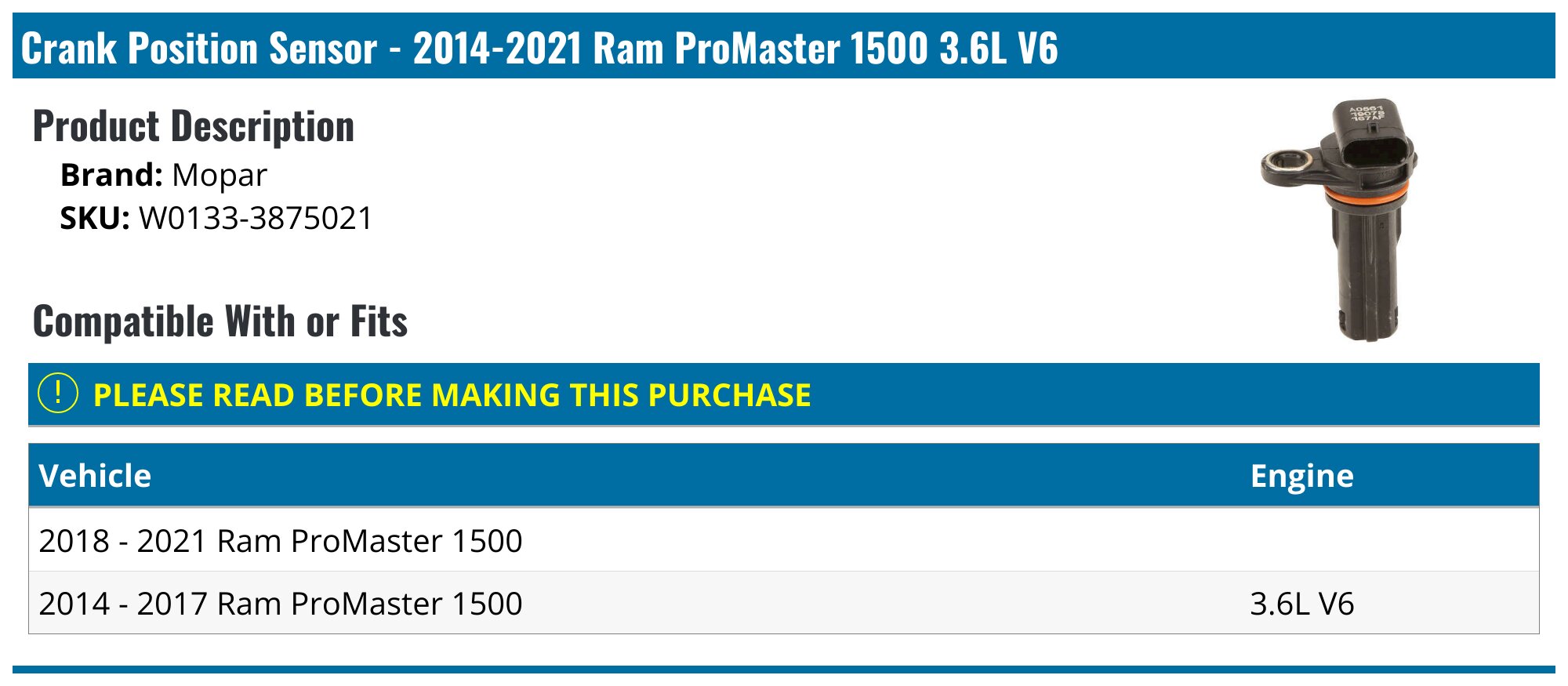 2014-2021 Ram ProMaster 1500 Crank Position Sensor - Mopar W0133 ...