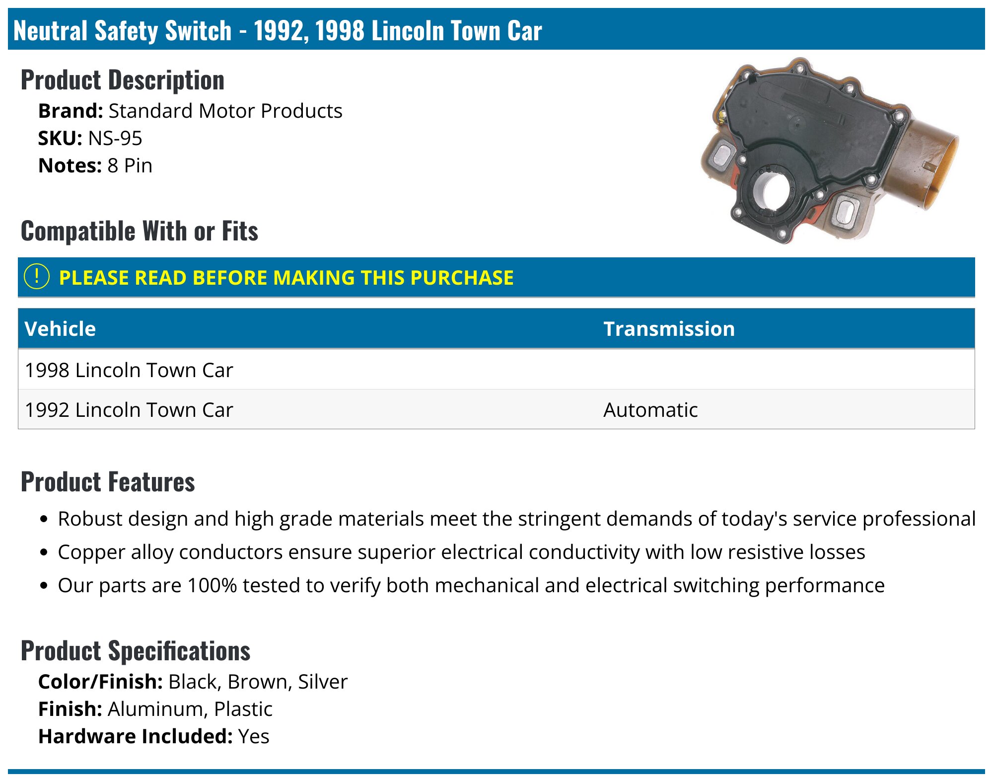 AM Autoparts Neutral Safety Switch For Ford Lincoln Mercury 1998-2011 – F8AZ7F293AA