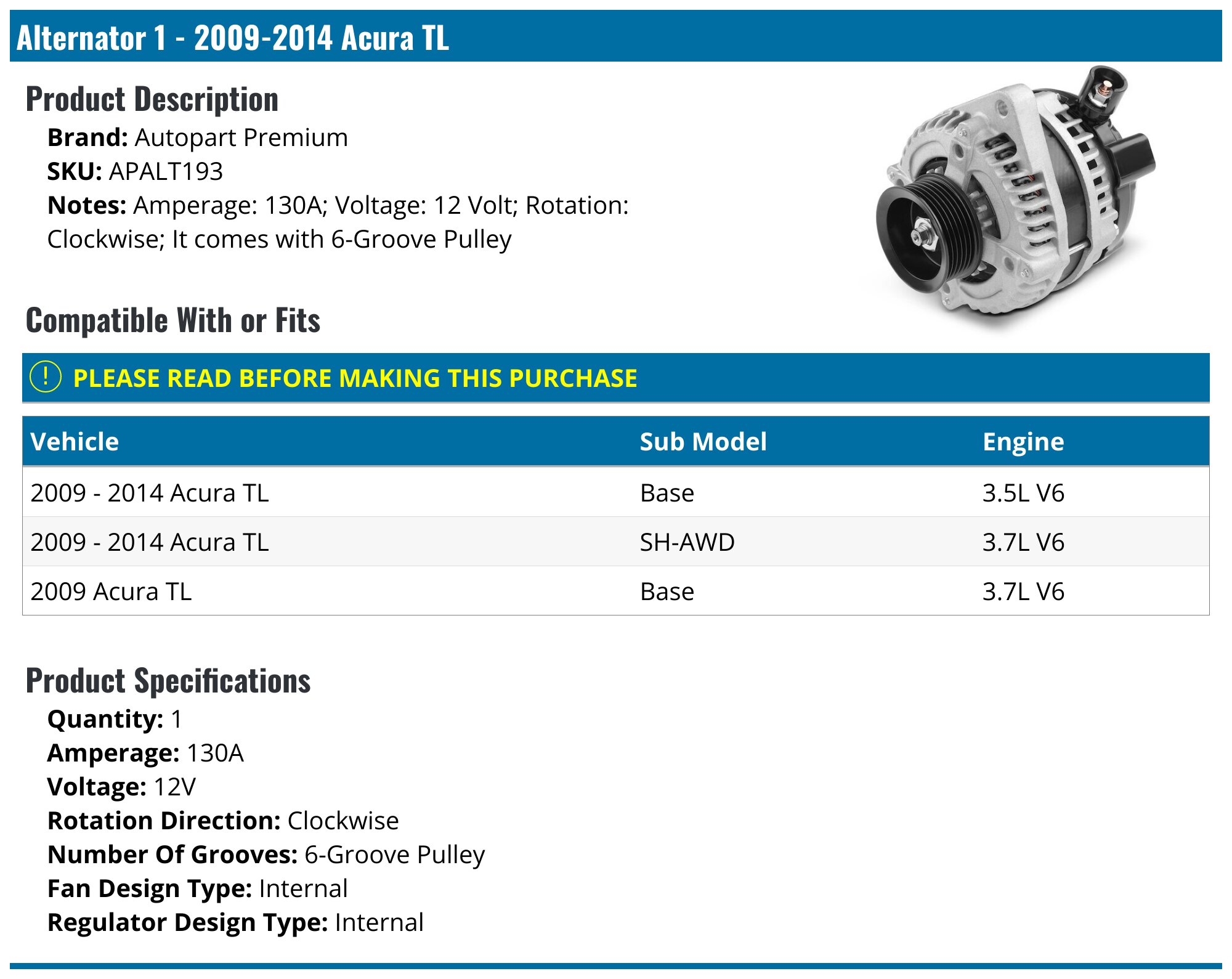 130A Alternator For Honda Odyssey 2008-2010 3.5L & Acura MDX 2010-2013 3.7L (11391)