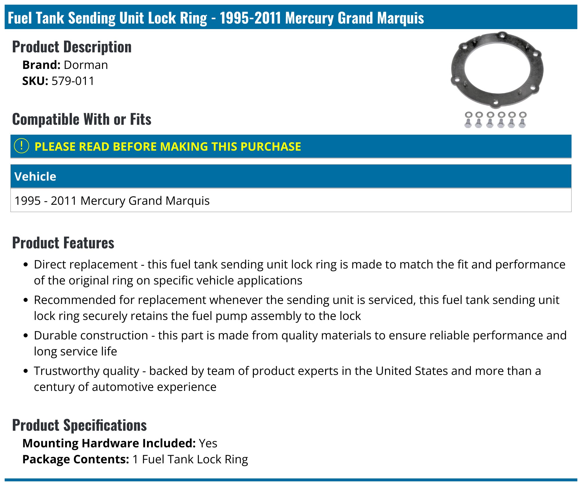 19952011 Mercury Grand Marquis Fuel Tank Sending Unit Lock Ring