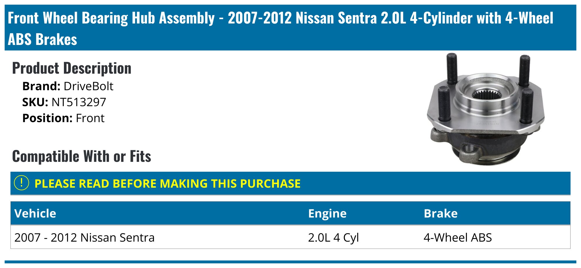 Front Wheel Hub Bearing Assembly W/ABS – For 2007–2012 Nissan Sentra 2.0L