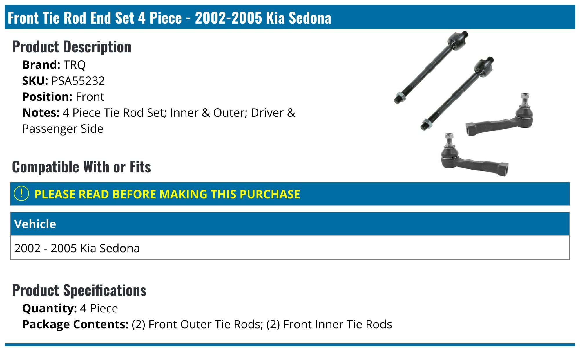 Front Inner Tie Rod Set For 2001-2005 BMW 330i 2004 2003 2002 KS965FY