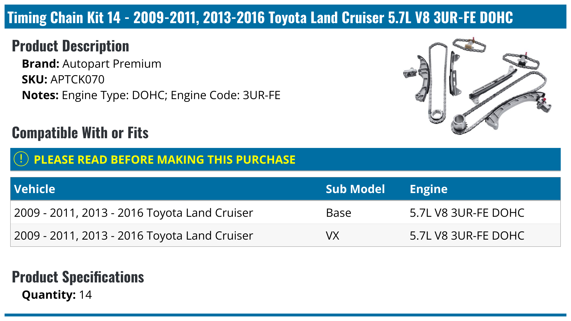 20092011, 20132016 Toyota Land Cruiser Timing Chain Autopart