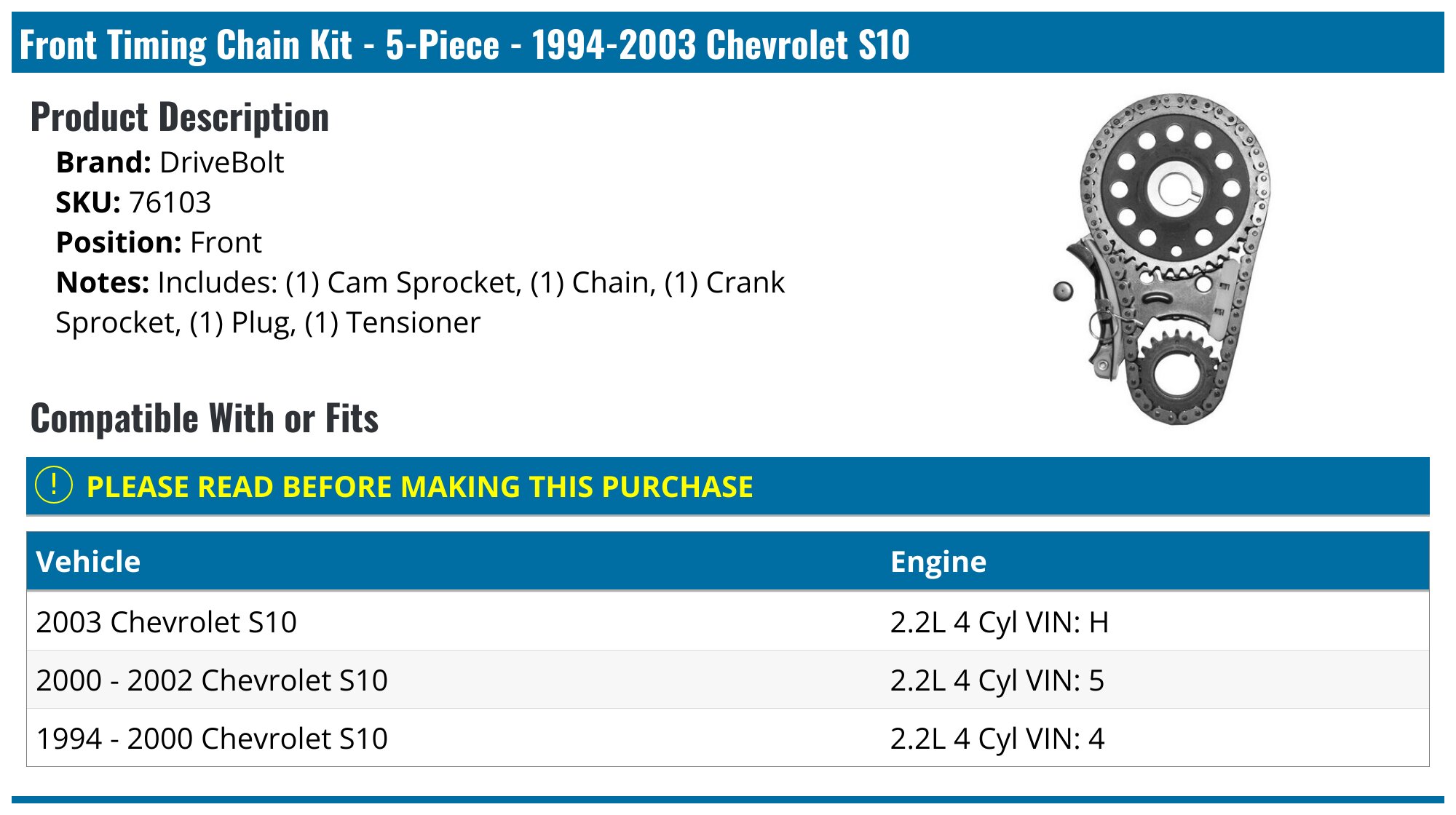 19942003 Chevrolet S10 Timing Chain DriveBolt 76103 Front