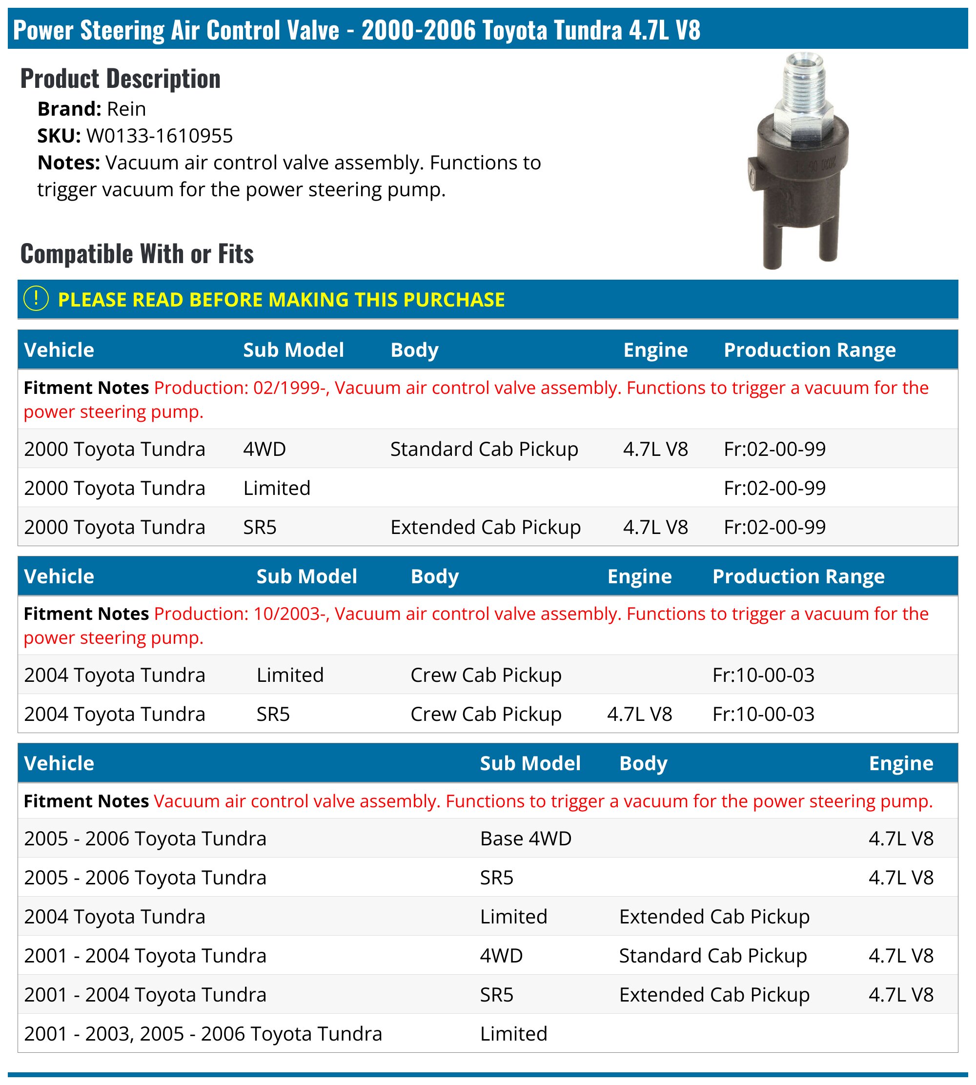 20002006 Toyota Tundra Power Steering Air Control Valve Rein W0133