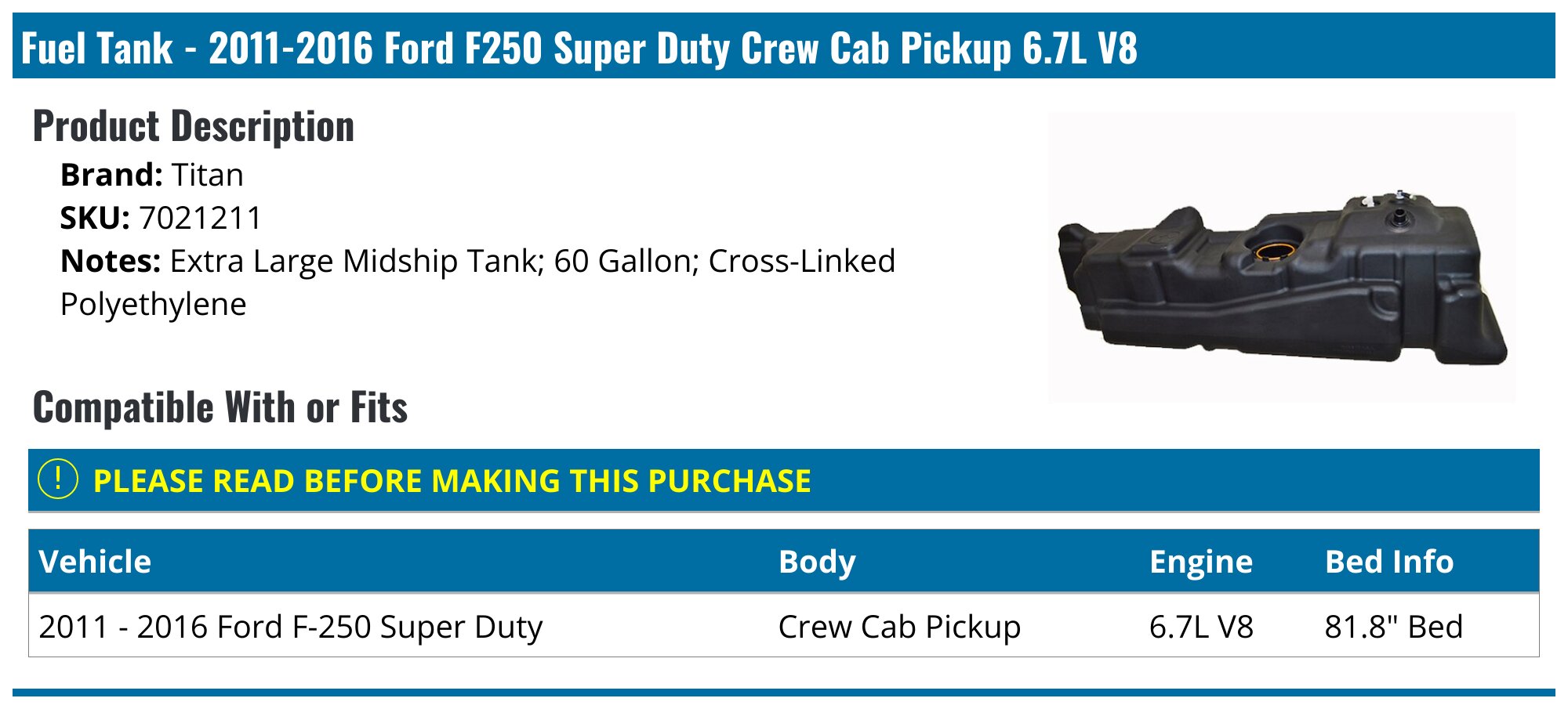 TITAN XXL Mid-Ship Fuel Tank - 60 Gallon 7021211