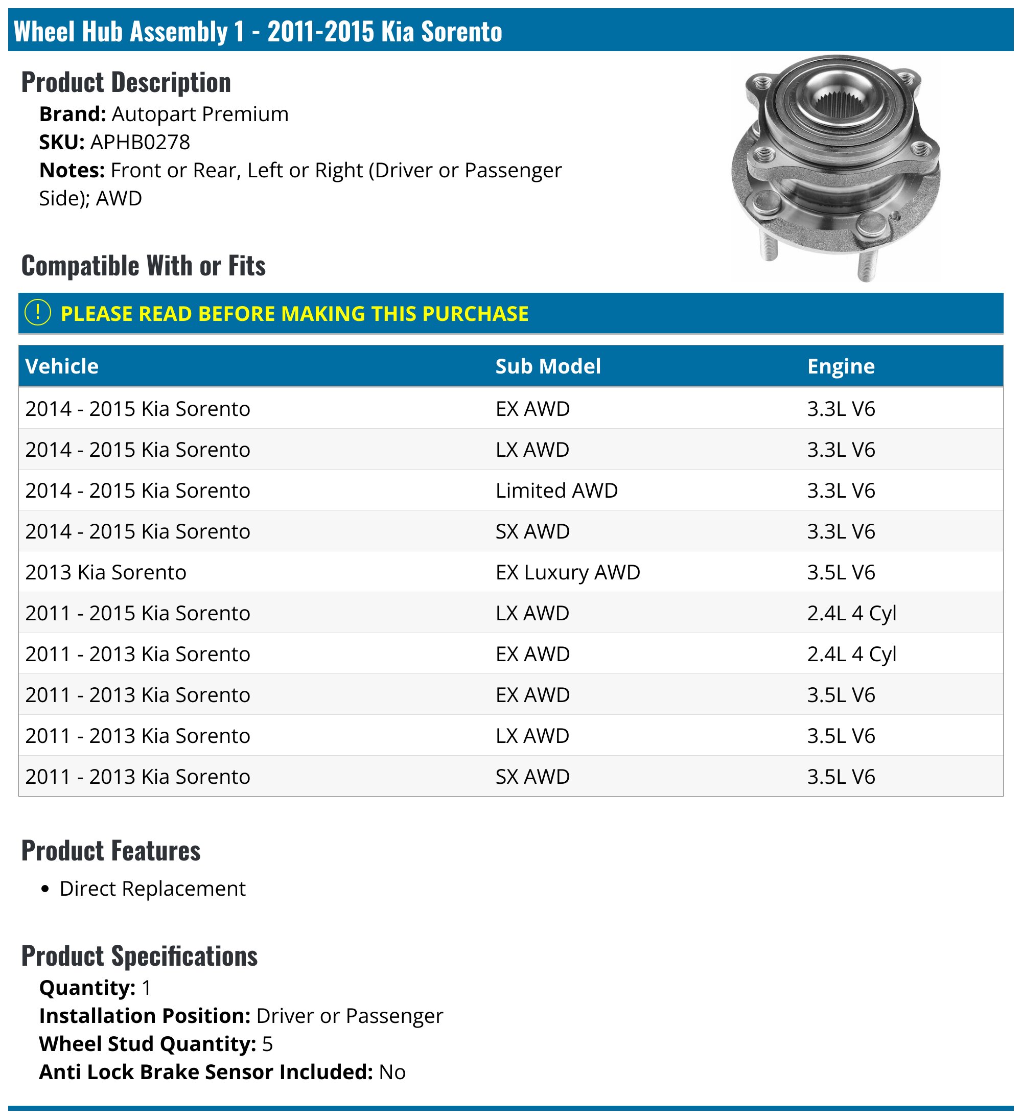 2011-2015 Kia Sorento Wheel Hub Assembly - Autopart Premium APHB0278 ...